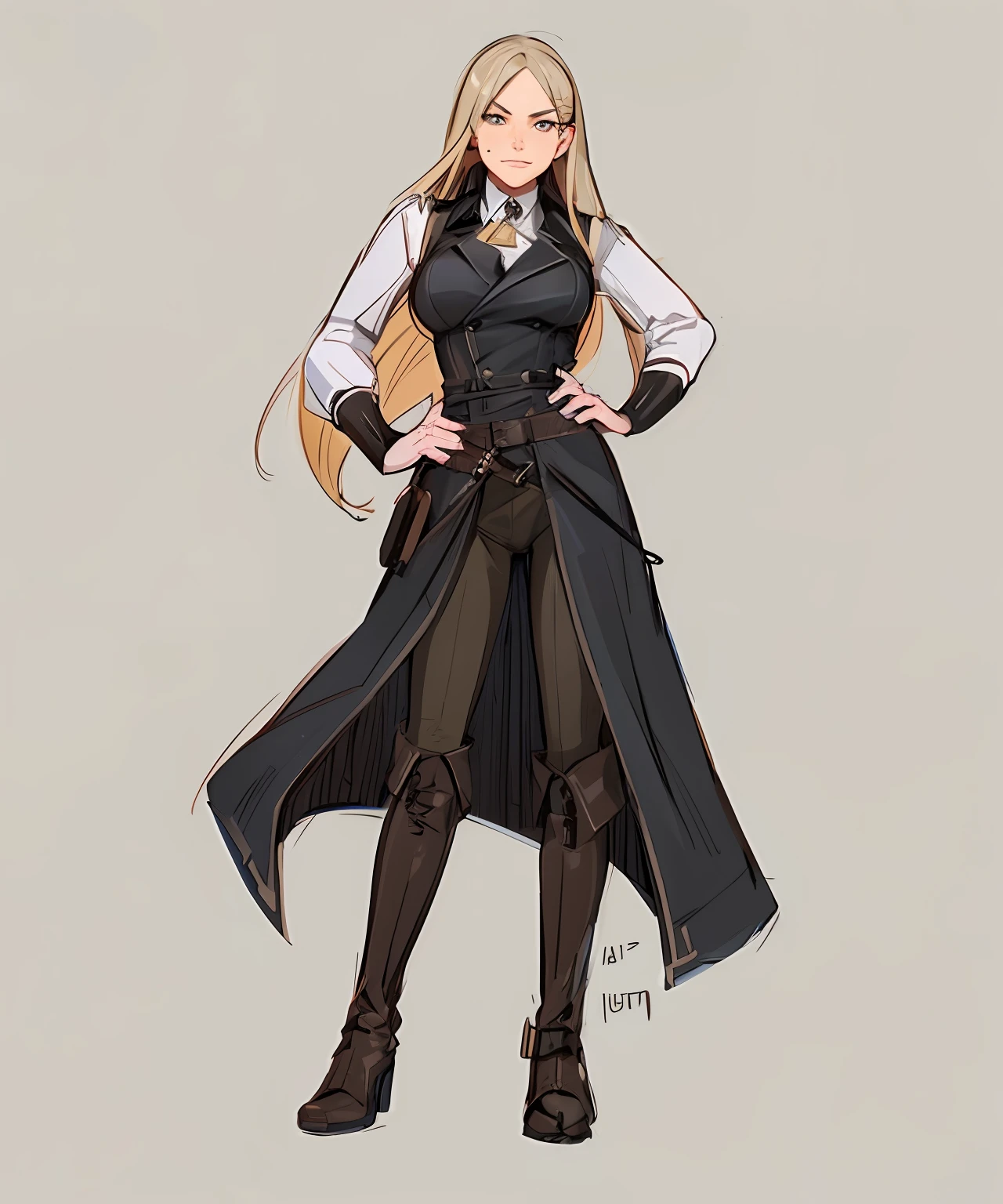 (Adult:1.2), female, standing, (black knee-high boots), uniform, confident, (smug:0.75), (smirk:0.7), gloves,belt, dominatrix, riding crop, grey pants, hair clip, serious, (angry:0.2)