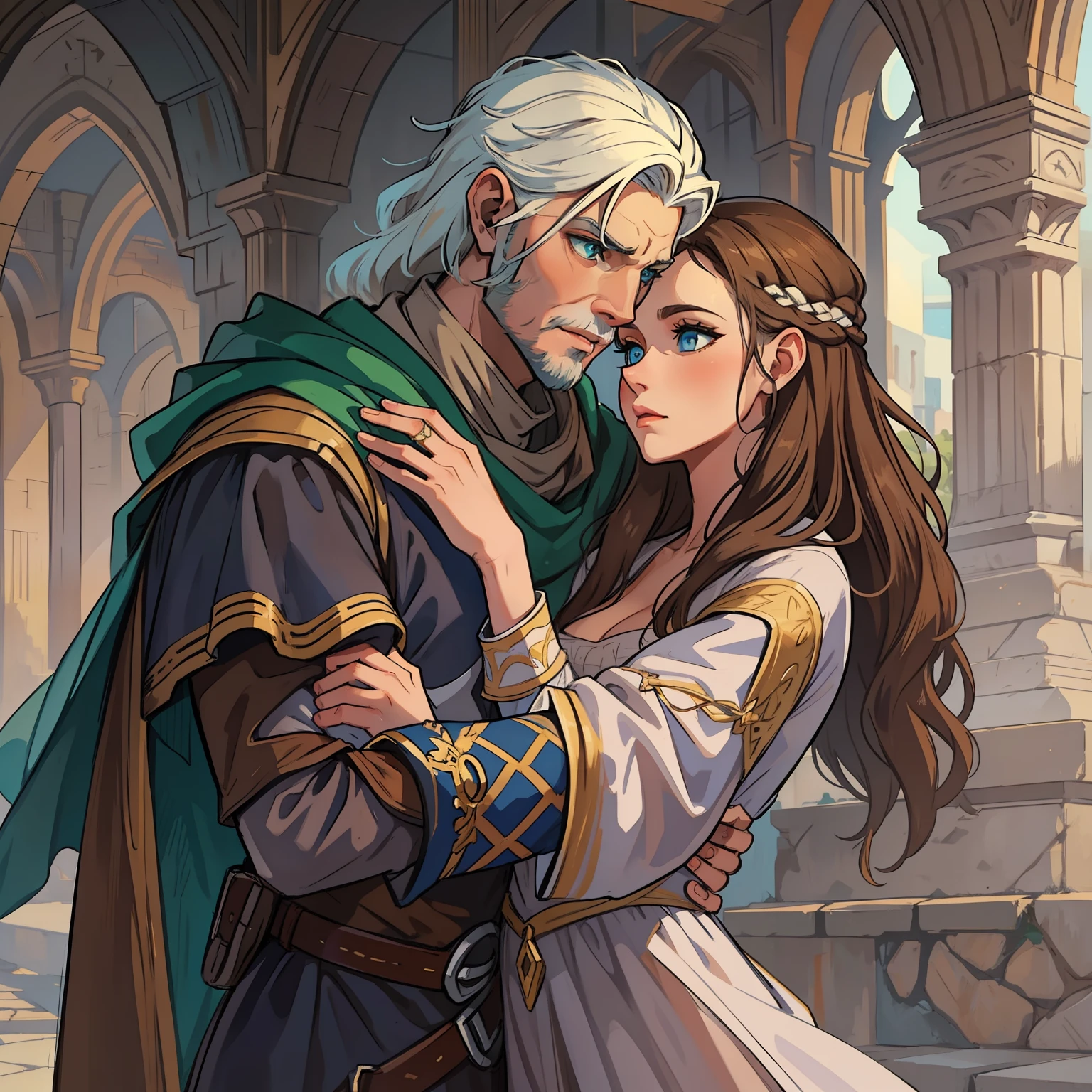 A man with white hair and blue eyes and a woman with brown hair and green eyes are a beautiful couple, They wear elegant medieval robes and are together embraced in an act of close affection, roupas medievais uma arte medieval para RPG arte de RPG