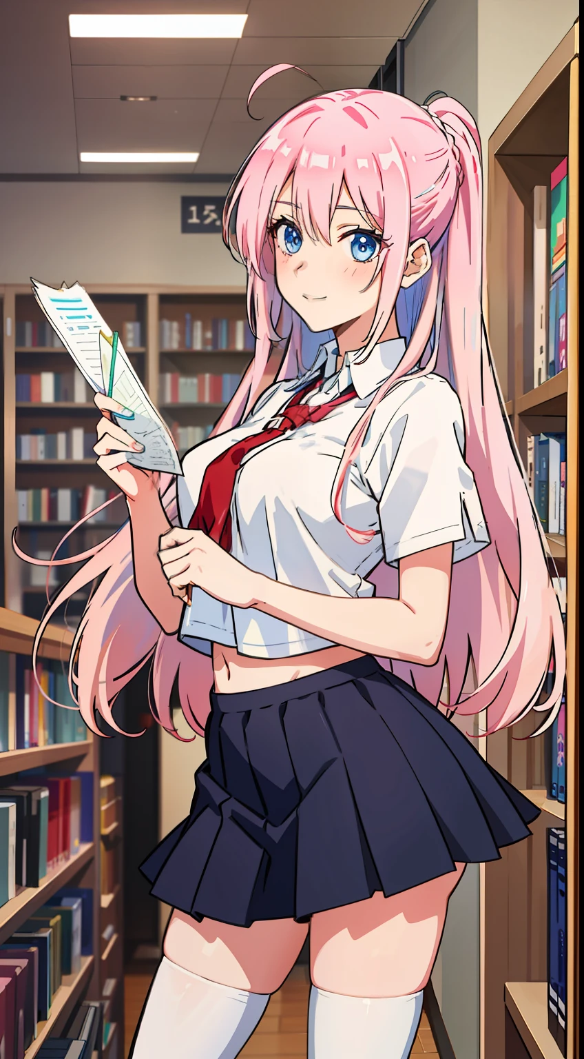 shikimori, slim legs, navel, short skirt, standing, beautiful eyes, blue eyes, happy, school uniform, library, pink hair, long hair, thigh high socks