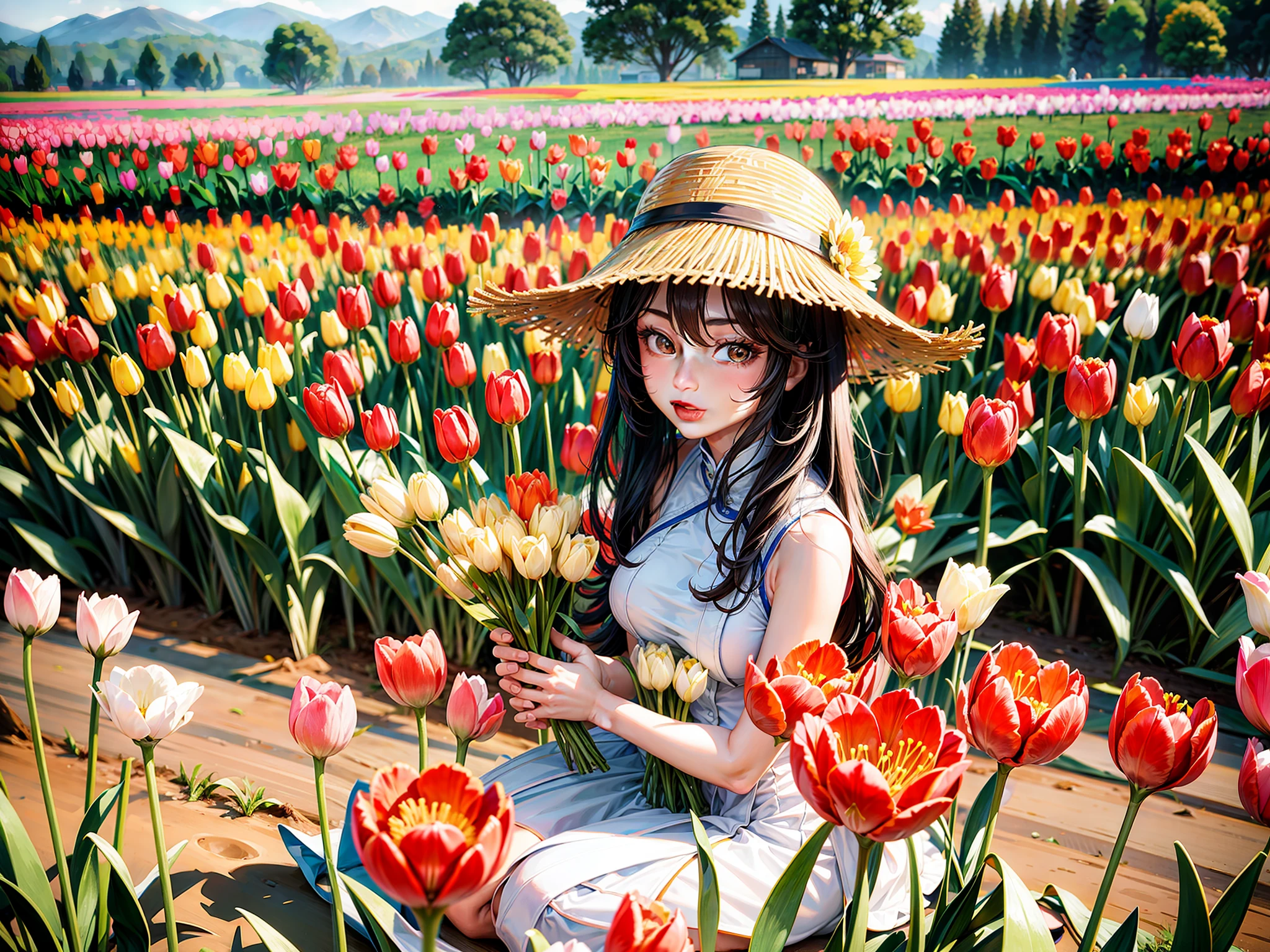 pretty 28 year old chinese woman wearing a sun hat and sunglasses kneeling in a field of tulips, tall and slim, wearing a white sleeveless halter dress, holding a bouquet of tulips, girl in a tulip field, girl in flowers, girl kneeling in a tulip field, in a field of flowers, picking flowers, girl standing in a flower field