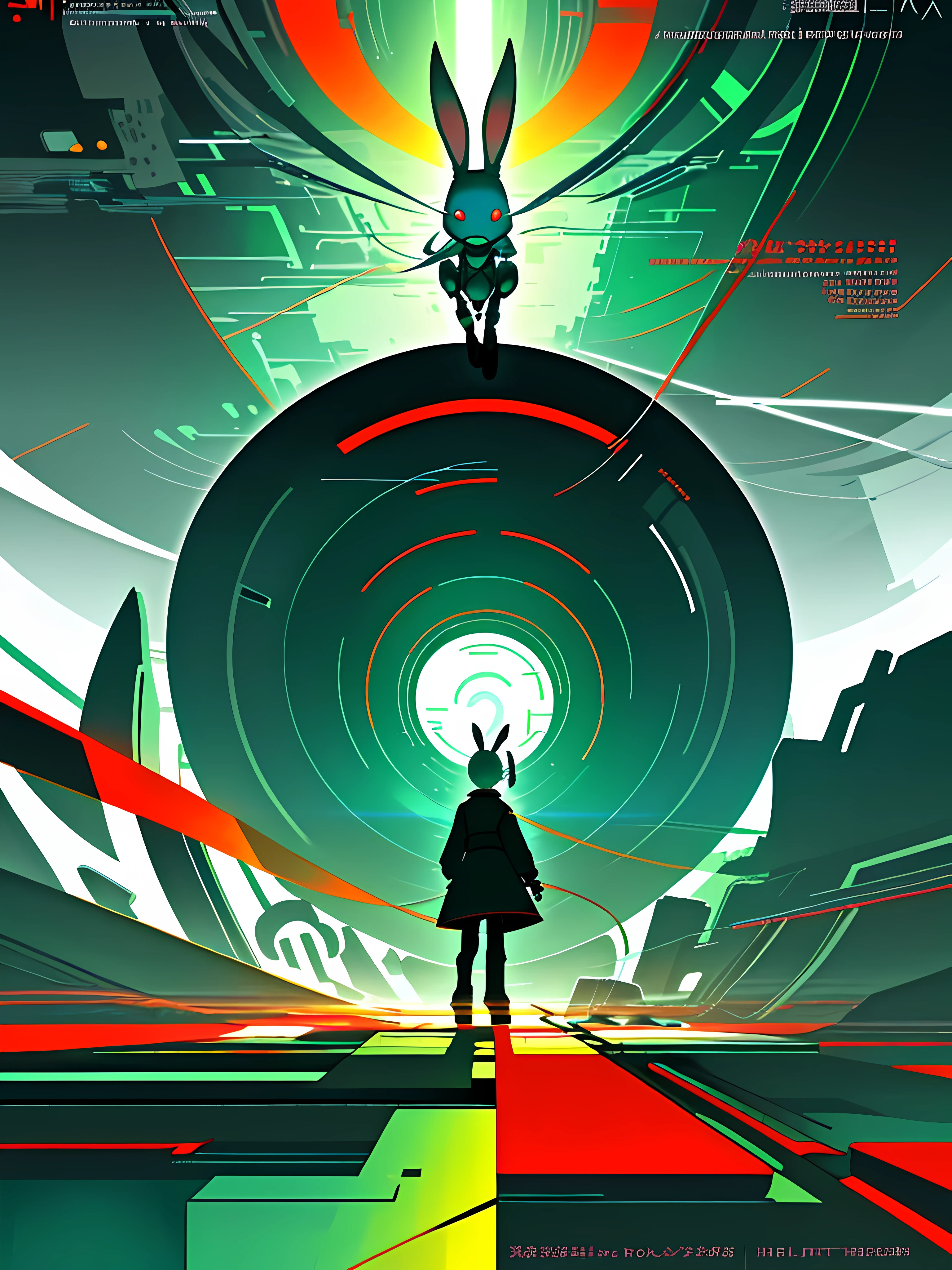 (blame! style abandoned tech landscape), (Zen, Amy Sol style), (like a tunnel that you follow to a tunnel of its own down a hollow in a cavern where the sun has never shone), (underground, dark, foggy, perilous, cybernetic city boardwalk), (abstract anthro rabbit figure wearing bunny ears), cover art with light abstraction, abstract, simple vector art, contemporary Cybernetic art, color gradients, soft color palettes, layered forms, whimsical animation, style Ethereal abstract, 4K, --v6