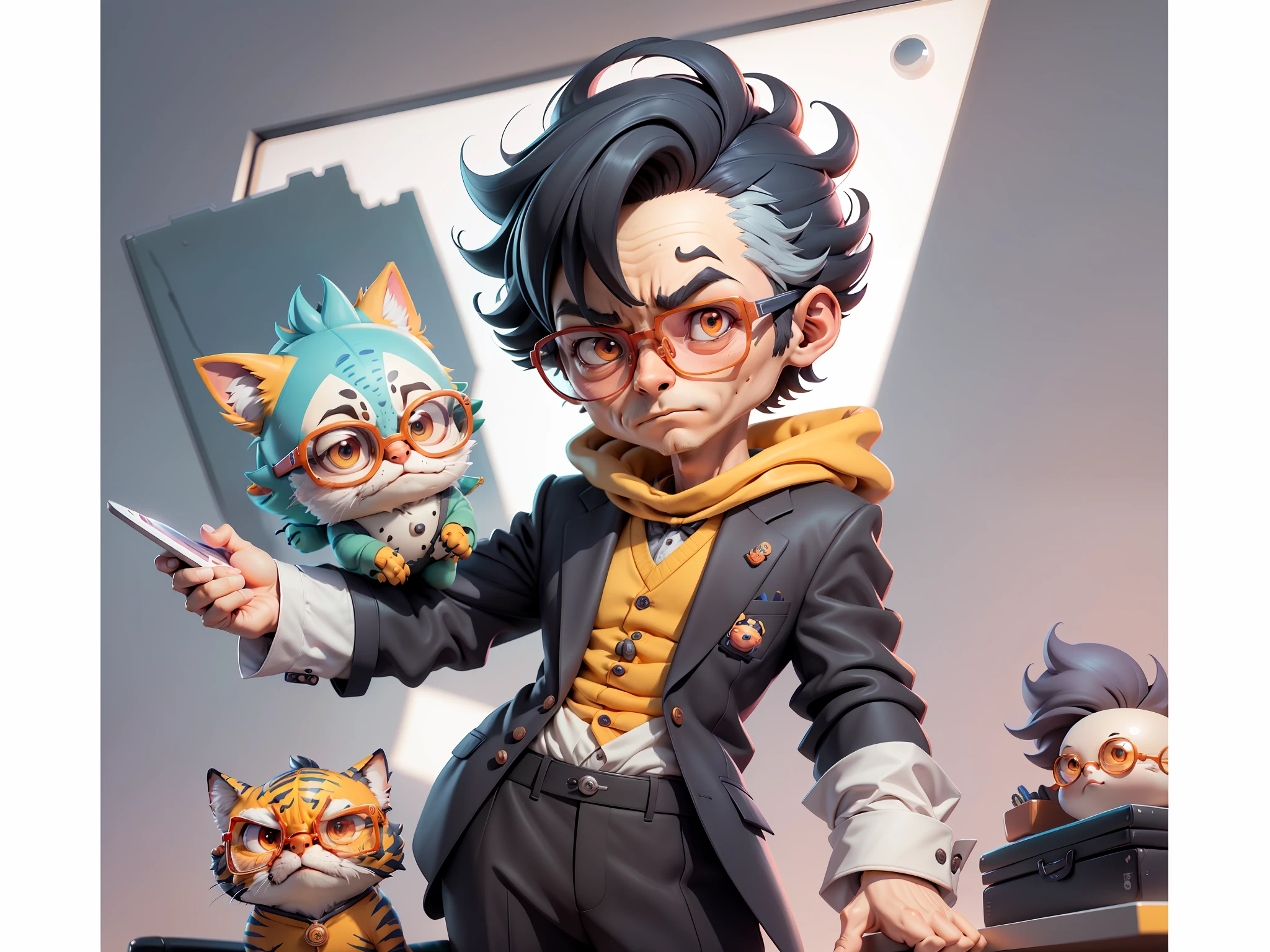 A young man in a suit, Short hair and glasses sat at his desk,holding laptop,digitial painting,tigre,3D character design by Mark Clairen and Pixar and Hayao Miyazaki and Akira Toriyama,4K HD illustration,Very detailed facial features and cartoon-style visuals。