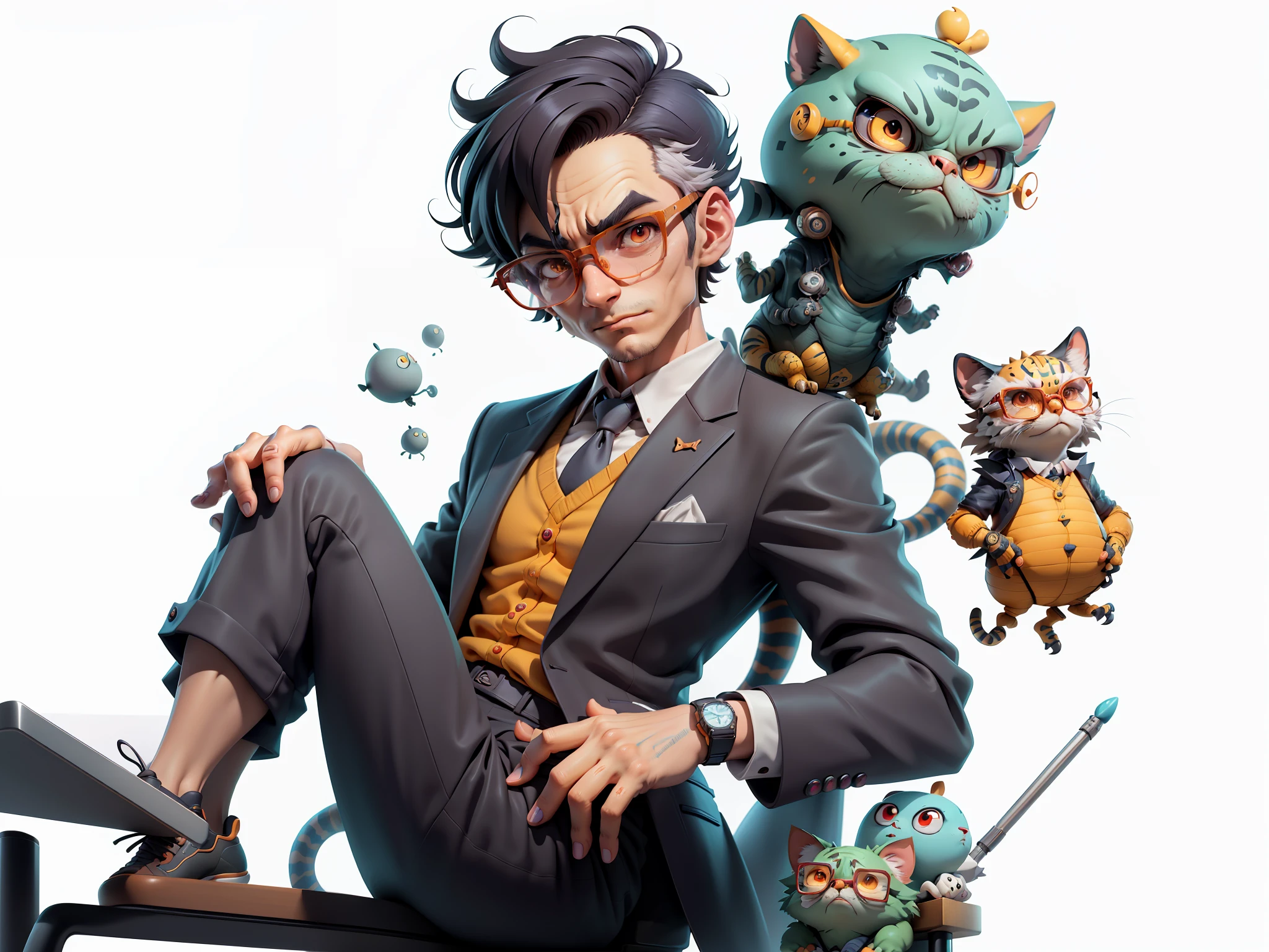 A young man in a suit, Short hair and glasses sat at his desk,holding laptop,digitial painting,tigre,3D character design by Mark Clairen and Pixar and Hayao Miyazaki and Akira Toriyama,4K HD illustration,Very detailed facial features and cartoon-style visuals。