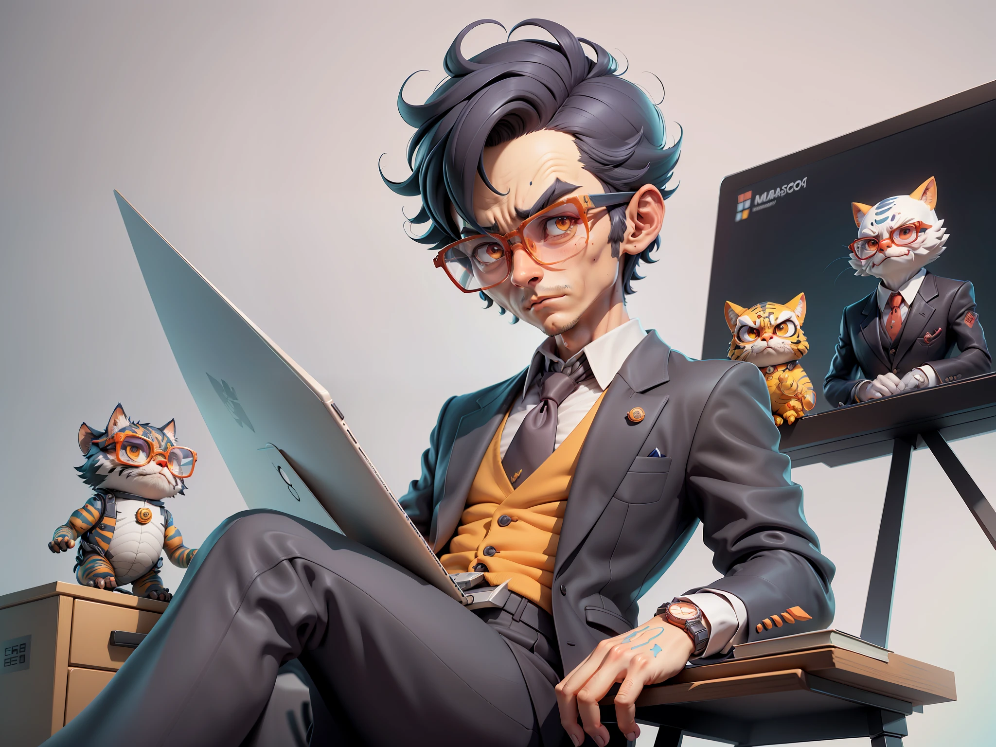 A young man in a suit, Short hair and glasses sat at his desk，holding laptop，digitial painting，tigre，3D character design by Mark Clairen and Pixar and Hayao Miyazaki and Akira Toriyama，4K HD illustration，Very detailed facial features and cartoon-style visuals。