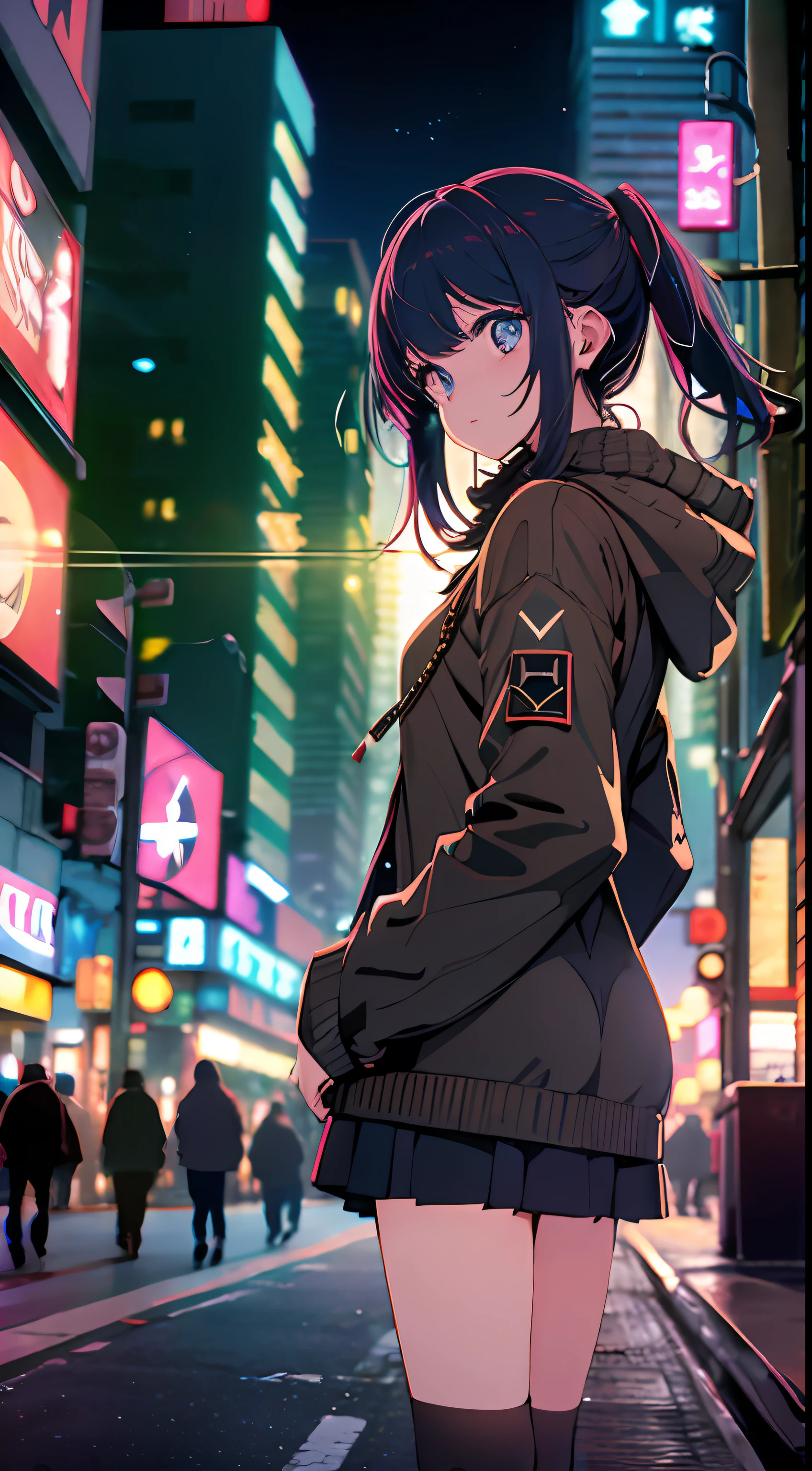 night time, Colorful cyberpunk city background, Sateen, Street,  girl in a comfortable sweater, loli, black stockings, back light, looking at the audience, Low-angle lens, Upward-pointing lens, Perfect composition, Perfect light and shadow are gentle, 8K