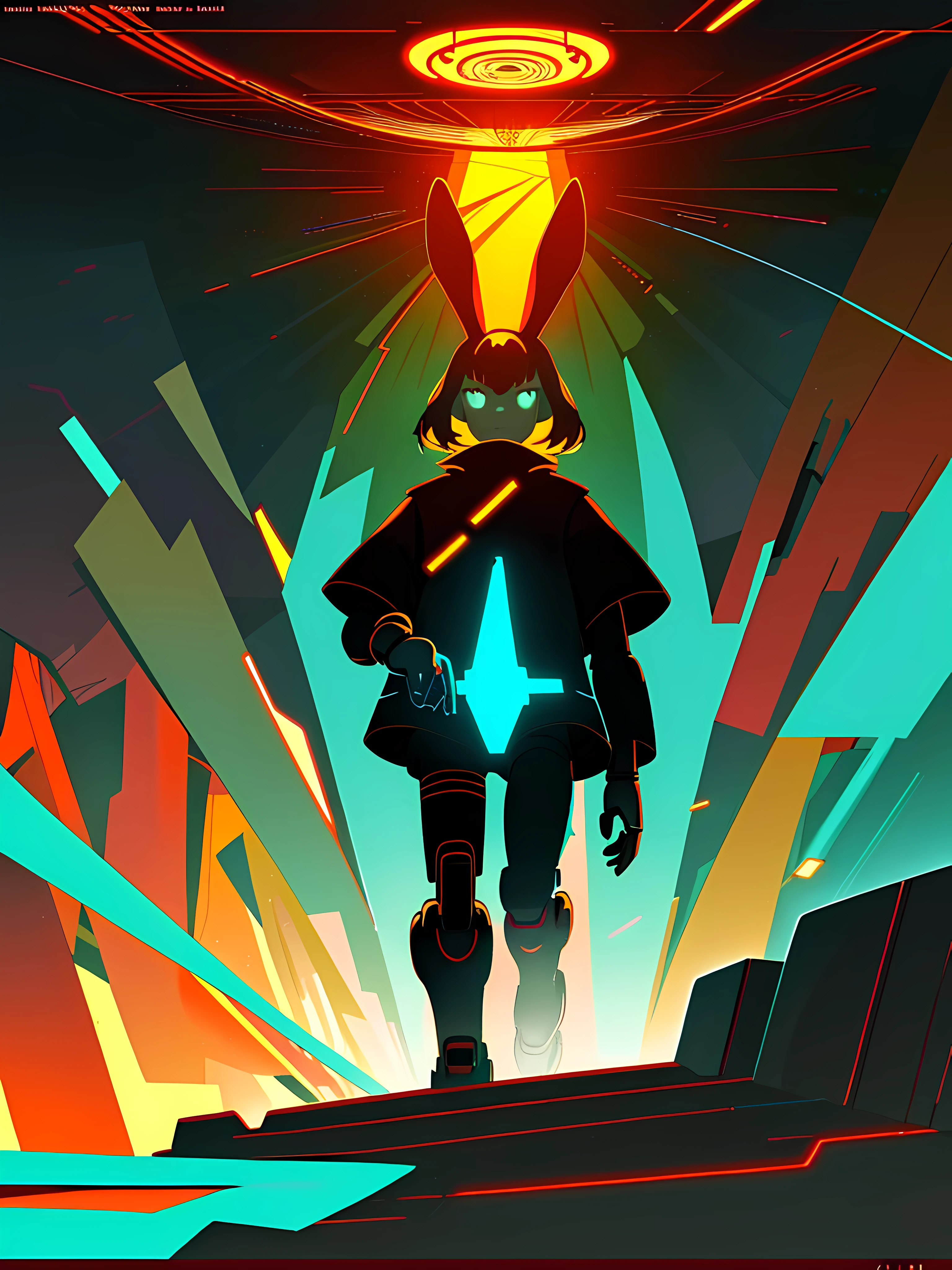 (blame! style abandoned tech landscape), (Zen, Amy Sol style), (like a tunnel that you follow to a tunnel of its own down a hollow in a cavern where the sun has never shone), (underground, dark, foggy, perilous, cybernetic city boardwalk), (abstract anthro rabbit figure wearing bunny ears), cover art with light abstraction, abstract, simple vector art, contemporary Cybernetic art, color gradients, soft color palettes, layered forms, whimsical animation, style Ethereal abstract, 4K, --v6