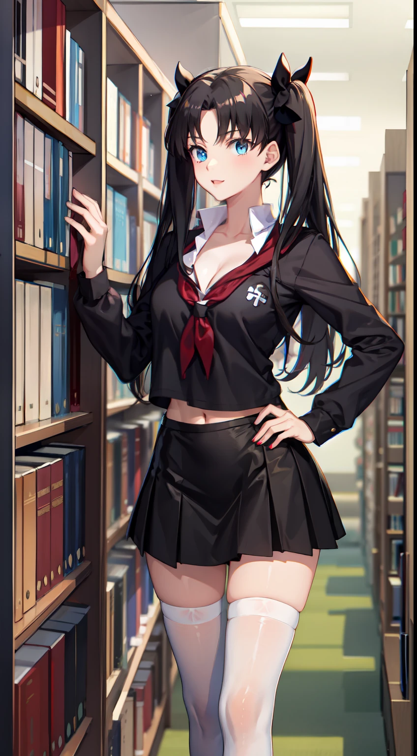 long hair, black hair, medium breast, slim legs, happy, cleavage, short skirt, rin tohsaka, twin tail, navel, blue eyes, school uniform, thigh high socks, standing, library