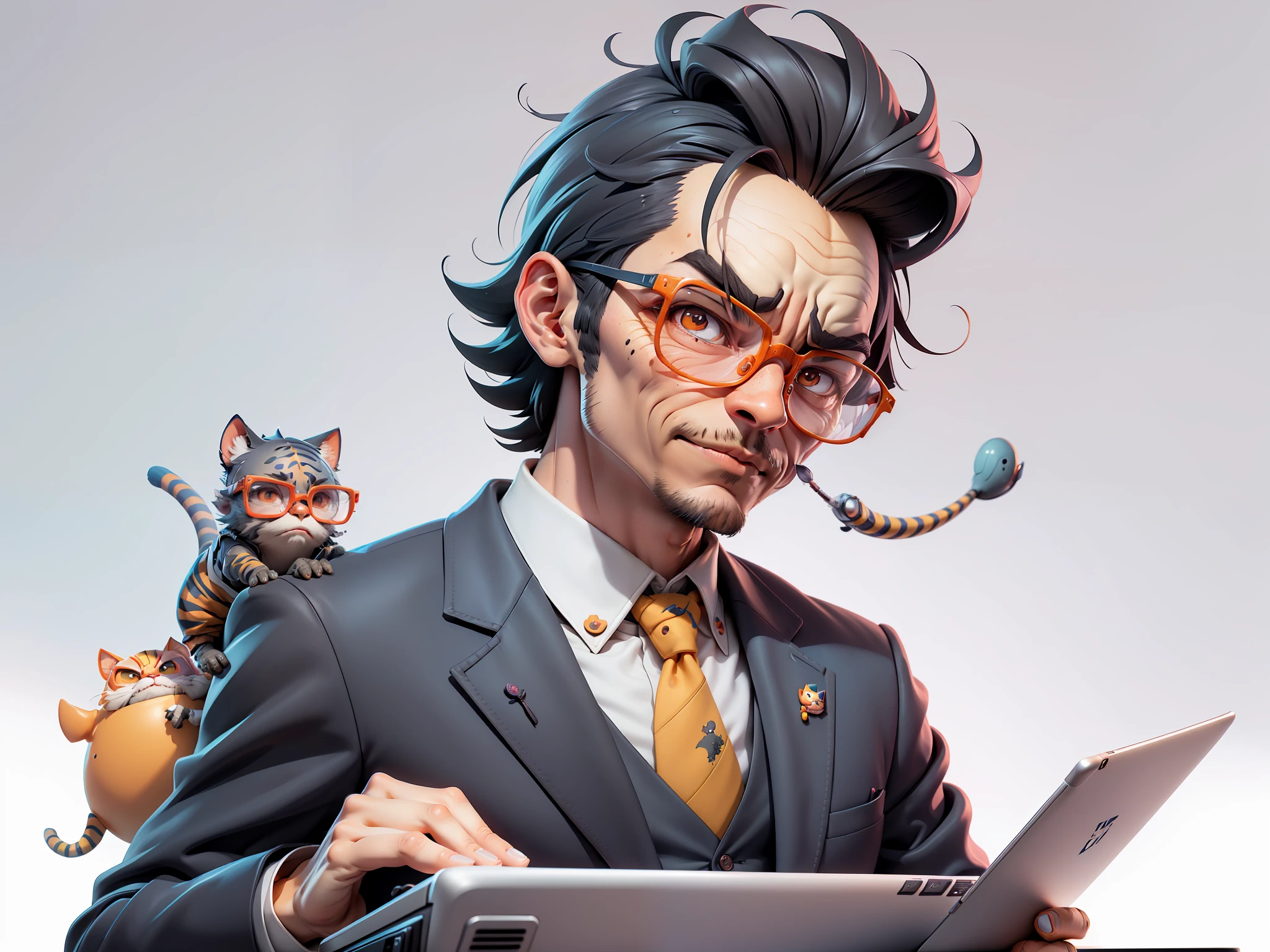A young man in a suit, Short hair and glasses sat at his desk，holding laptop，digitial painting，tigre，3D character design by Mark Clairen and Pixar and Hayao Miyazaki and Akira Toriyama，4K HD illustration，Very detailed facial features and cartoon-style visuals。