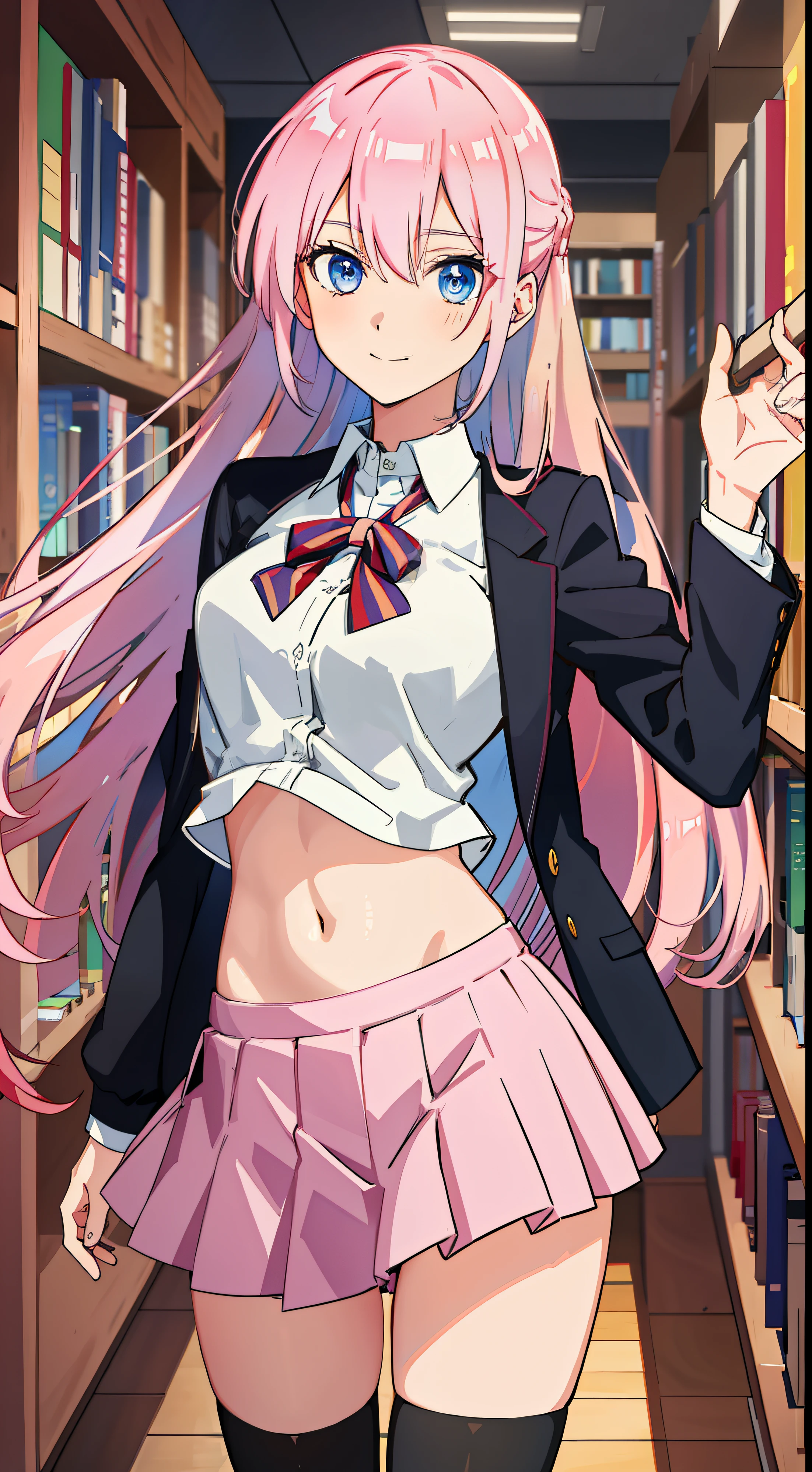 shikimori, slim legs, navel, short skirt, standing, beautiful eyes, blue eyes, happy, school uniform, library, pink hair, long hair, thigh high socks