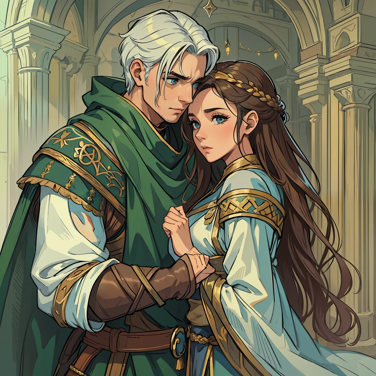 um lindo casal um homem de cabelos brancos cabelos da cor branca e olhos azuis e uma mulher de cabelos castanhos e olhos verdes, They wear elegant medieval robes and are embraced together in an act of intimate affection, roupas medievais uma arte medieval para RPG arte de RPG