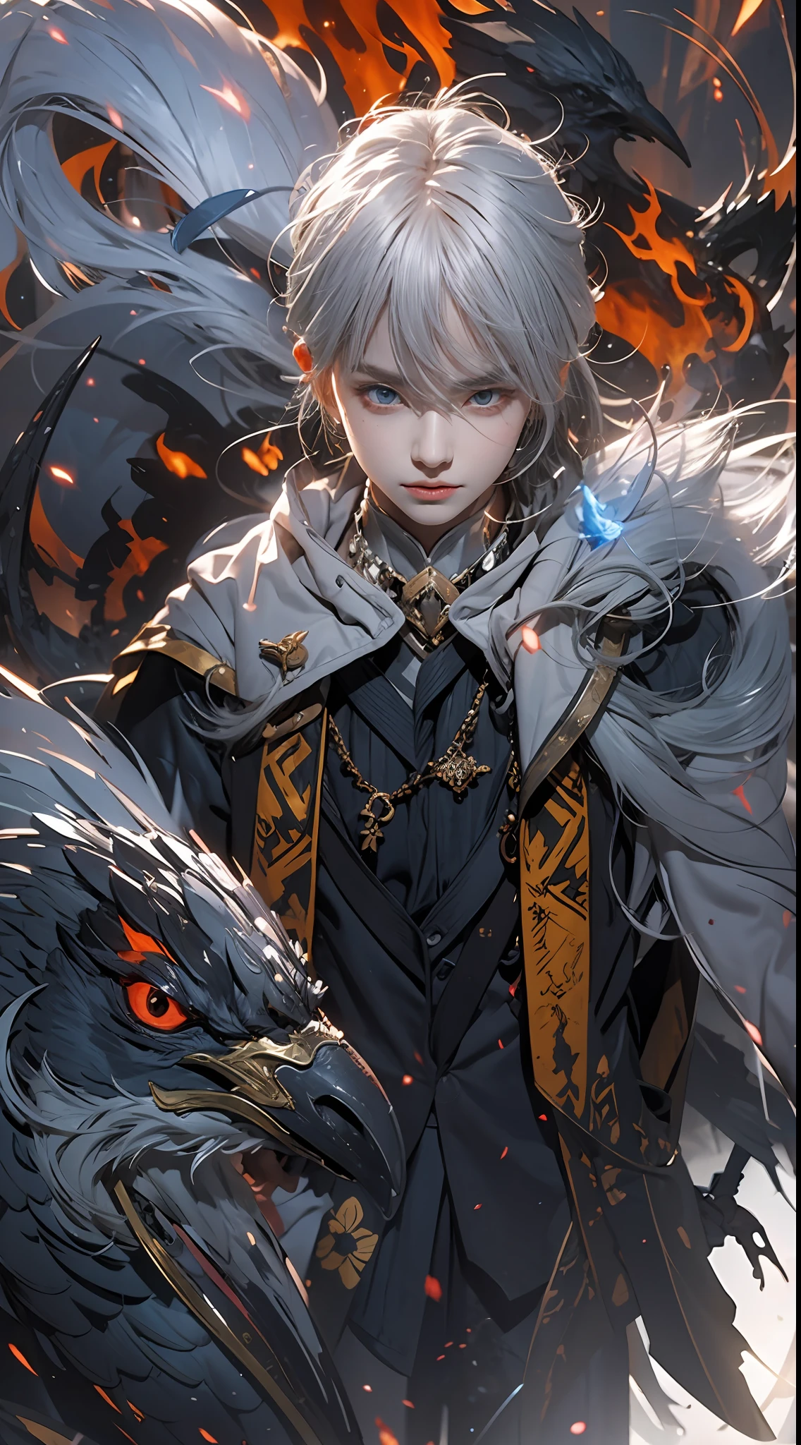 A high resolution,high detal,8K,(A boy:1.9),Handsome face,Messy silvery-white medium short hair standing on ends,A gifted spell master,Black and white spell master set,A hand with a blue flame burning,fire spell,An evil red-eyed raven lies on the boy's shoulder,The is very detailed,Ultra-high sharpness,Thick coating,