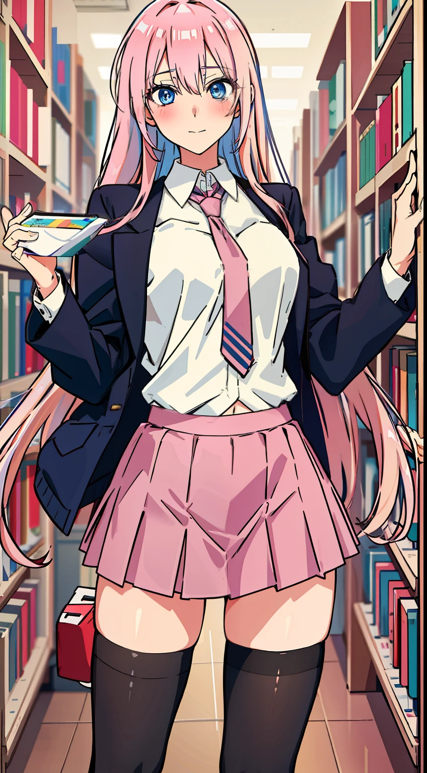 shikimori, slim legs, navel, short skirt, standing, beautiful eyes, blue eyes, blushing, school uniform, library, pink hair, long hair, thigh high socks