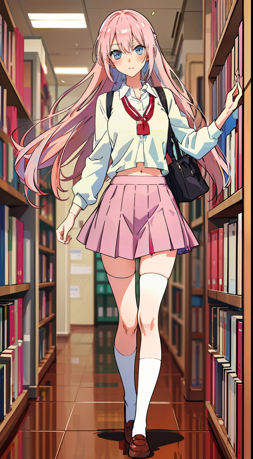 shikimori, slim legs, navel, short skirt, standing, beautiful eyes, blue eyes, blushing, school uniform, library, pink hair, long hair, thigh high socks