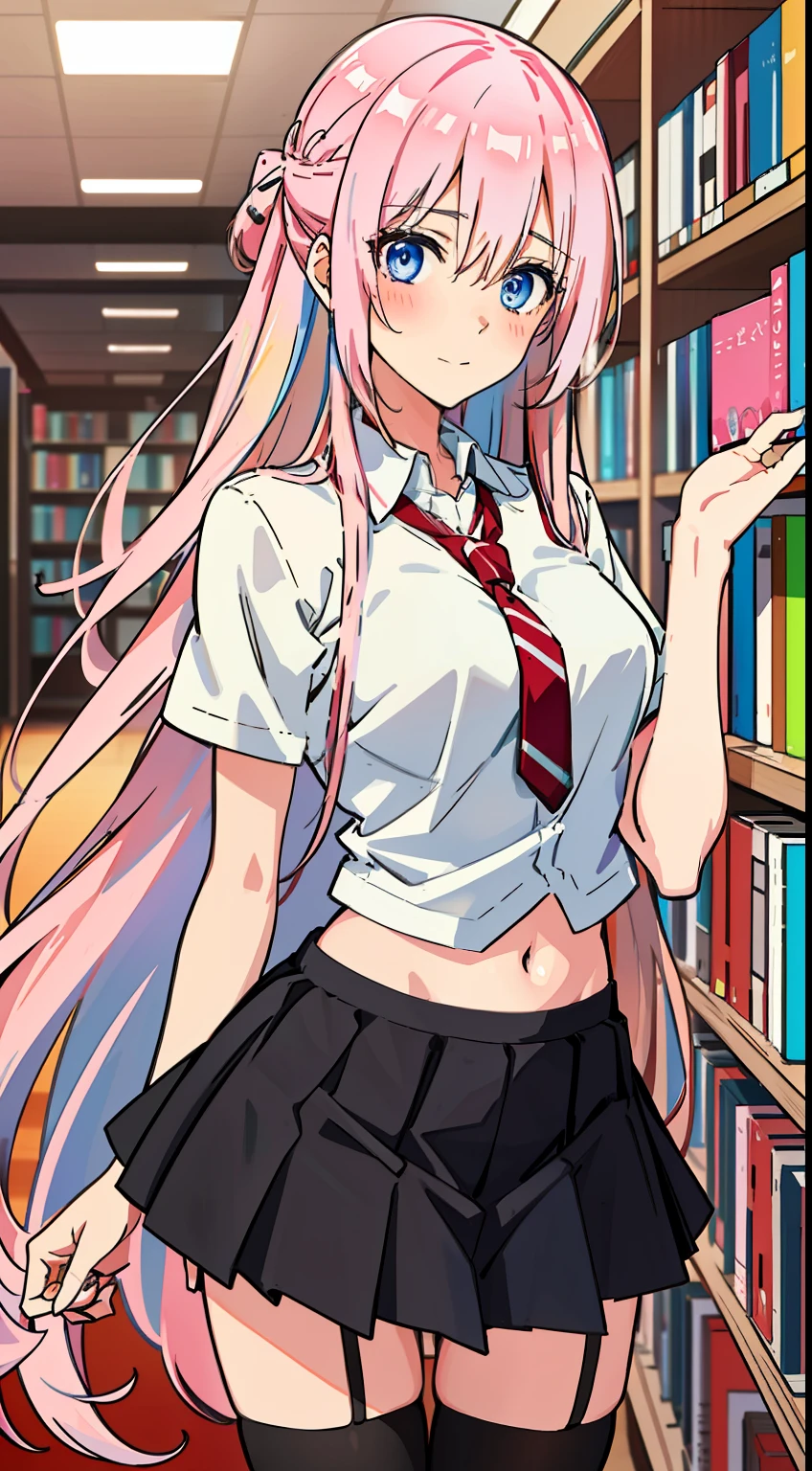 shikimori, slim legs, navel, short skirt, standing, beautiful eyes, blue eyes, blushing, school uniform, library, pink hair, long hair, thigh high socks