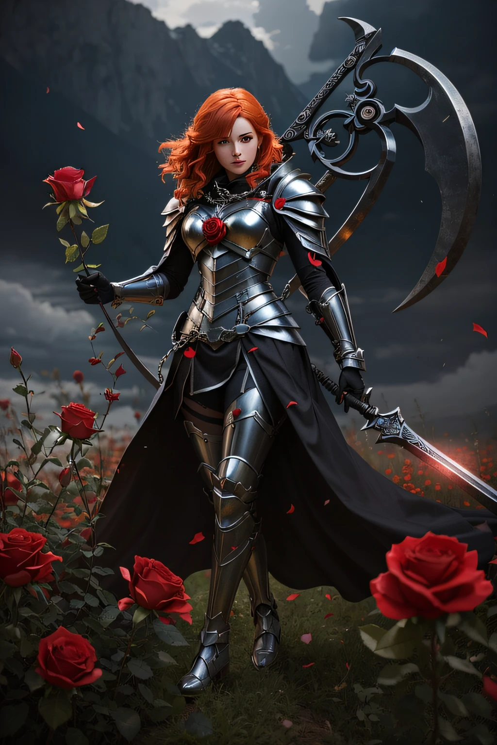 mulher aradoada em armadura segurando uma rosa e uma foice, greyish silver iris eyes, Short hair of Templar orange red color, muito bonita, na armadura do cavaleiro, cavaleiro feminino, No estilo de Anne Stokes, inspirado em Magali Villeneuve, Graphic artist Magali Villeneuve, full portrait of magical knight, looking at a rose of cosmic colors that reflects outer space.