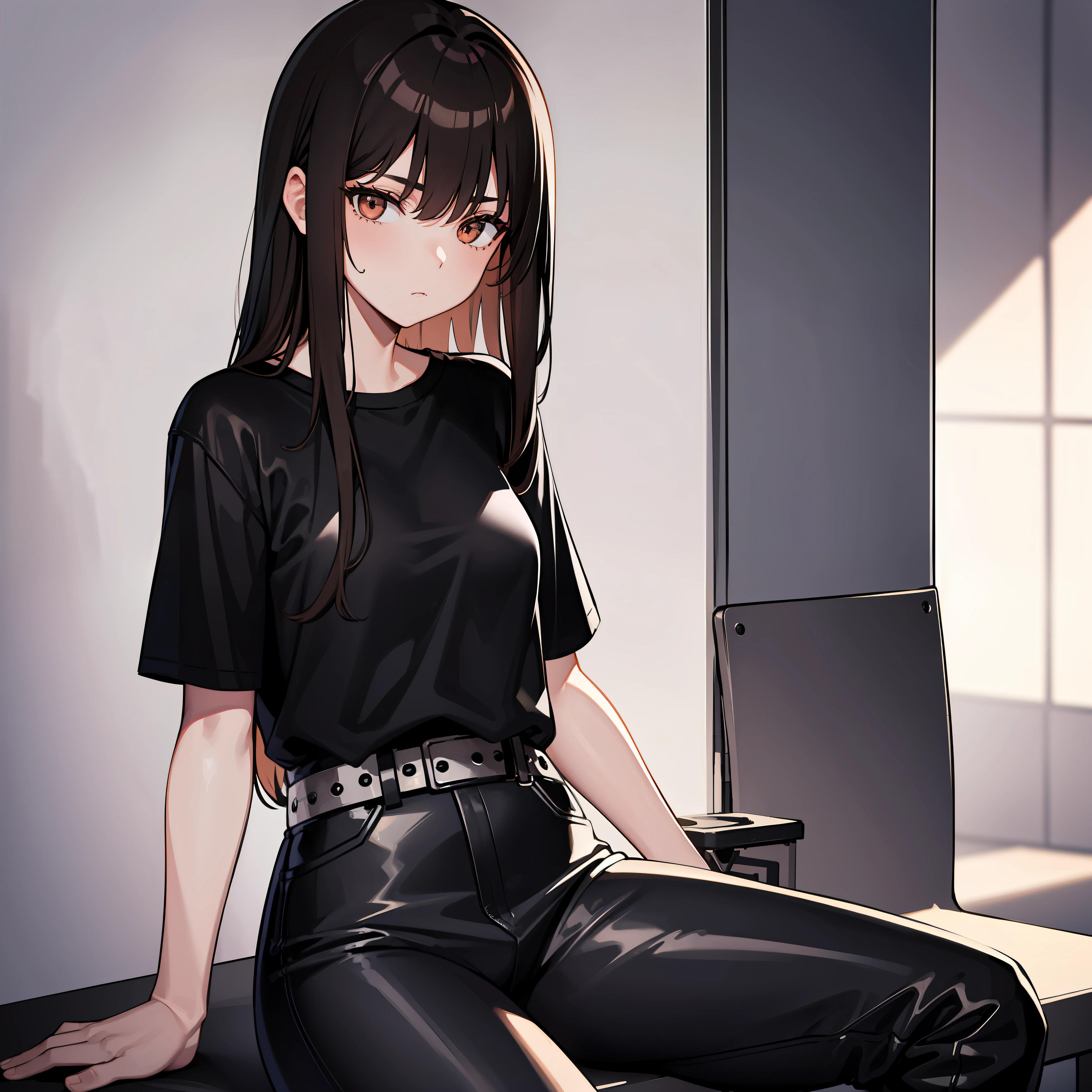 baggy leather pants, black pants, brown hair, long hair, jacket, wide hips, girl, t-shirt, black t-shirt, large t-shirt, white tennis, street, sit, sit in chair, monochrome