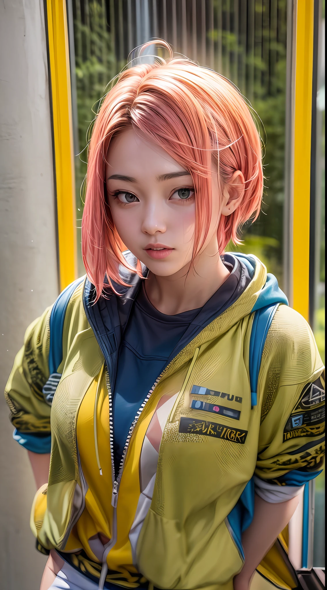 : (best quality, photo-realistic, masterpiece:1.3), a stunning portrait of a Chinese teenage girl with (short vibrant pink hair:1.2), her eyes an intense and mesmerizing shade of (golden yellow:1.2) like honey. Her (smooth and flawless skin:1.2) complements her (perfectly symmetrical face:1.2). She wears a (blue hoodie:1.2), creating a striking contrast against her rosy hair. The scene is set on the glass-paneled balcony of a luxurious and minimalistic apartment, the warm sunlight illuminating her features, giving her an aura of serenity and beauty, Cinematic, Hyper-detailed, insane details, Beautifully color graded, Unreal Engine, DOF, Super-Resolution, Megapixel, Cinematic Lightning, Anti-Aliasing, FKAA, TXAA, RTX, SSAO, Post Processing, Post Production, Tone Mapping, CGI, VFX, SFX, Insanely detailed and intricate, Hyper maximalist, Hyper realistic, Volumetric, Photorealistic, ultra photoreal, ultra-detailed, intricate details, 8K, Super detailed, Full color, Volumetric lightning, HDR, Realistic, Unreal Engine, 16K, Sharp focus, octane render --v testp
Camera Model: Sony Alpha 7R IV
Lens: Sony FE 50mm f/1.8