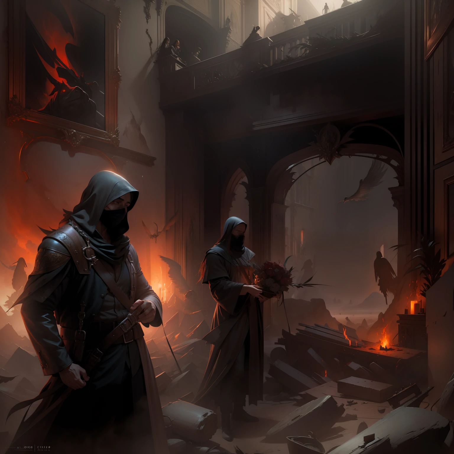 Sangre para el Dios de la Sangre! Dios de la guerra !, arte de Bastien Lecouffe-Deharme y Franz Kline, Light Volumetric, detalles finos, atmospheric, foco nítido, Filo,fondo en llamas,fondo intrincado,muchos detalles
