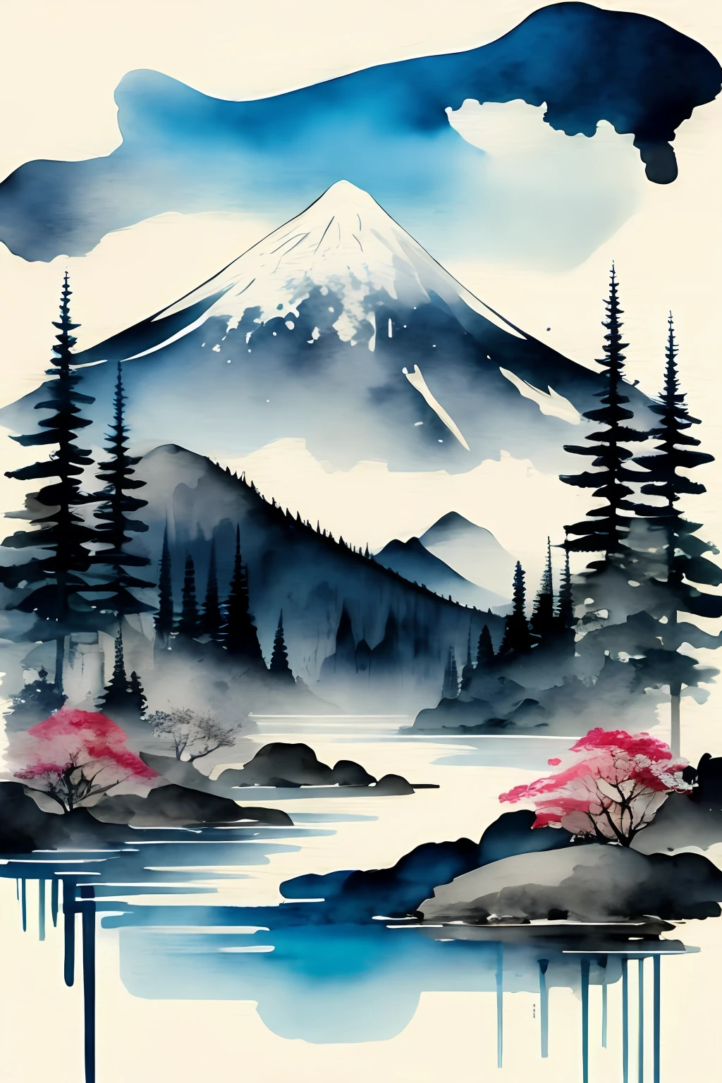 white background, scenery, watercolor, mountains, water, trees, colorful,