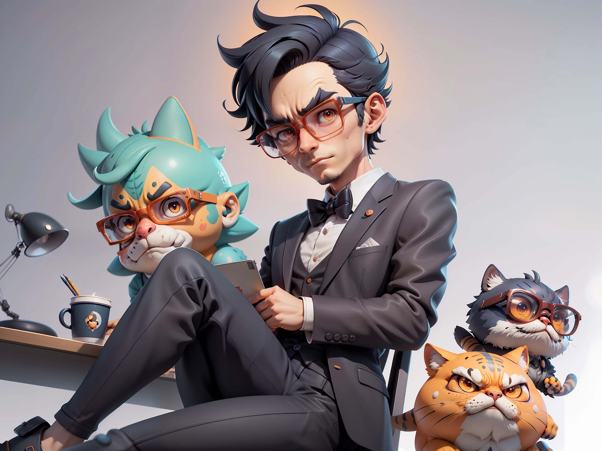 A young man in a suit, Short hair and glasses sat at his desk,holding laptop,digitial painting,tigre,3D character design by Mark Clairen and Pixar and Hayao Miyazaki and Akira Toriyama,4K HD illustration,Very detailed facial features and cartoon-style visuals。