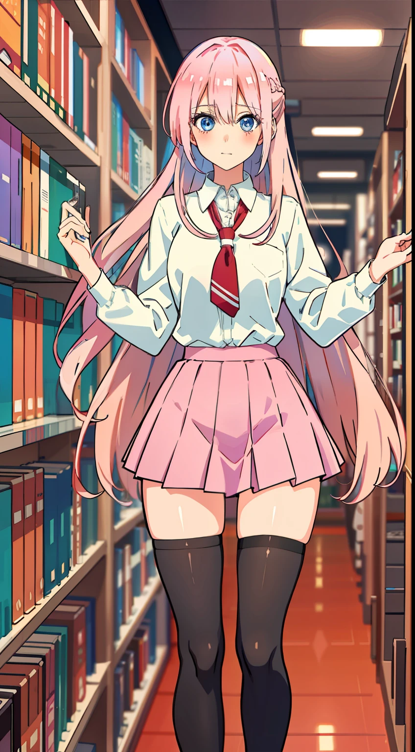 shikimori, slim legs, navel, short skirt, standing, beautiful eyes, blue eyes, blushing, school uniform, library, pink hair, long hair, thigh high socks