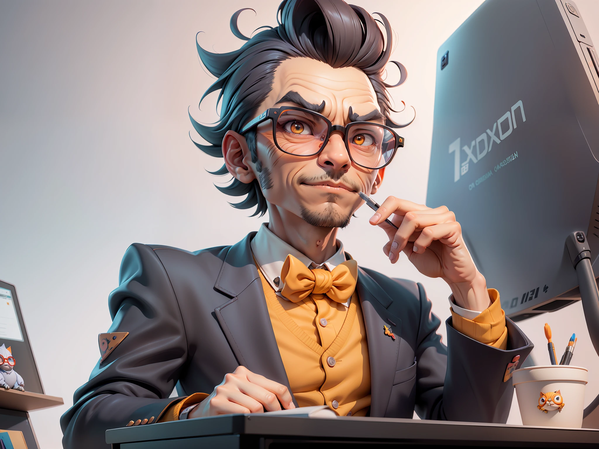 A young man in a suit, Short hair and glasses sat at his desk,holding laptop,digitial painting,tigre,3D character design by Mark Clairen and Pixar and Hayao Miyazaki and Akira Toriyama,4K HD illustration,Very detailed facial features and cartoon-style visuals。