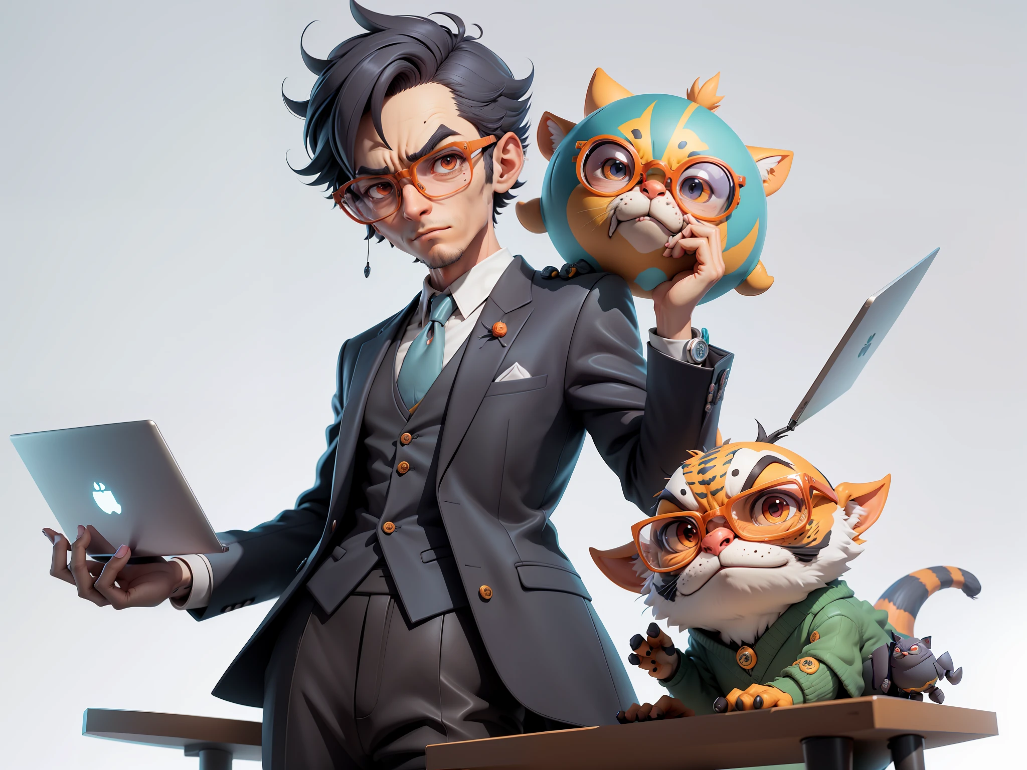 A young man in a suit, Short hair and glasses sat at his desk，holding laptop，digitial painting，tigre，3D character design by Mark Clairen and Pixar and Hayao Miyazaki and Akira Toriyama，4K HD illustration，Very detailed facial features and cartoon-style visuals。