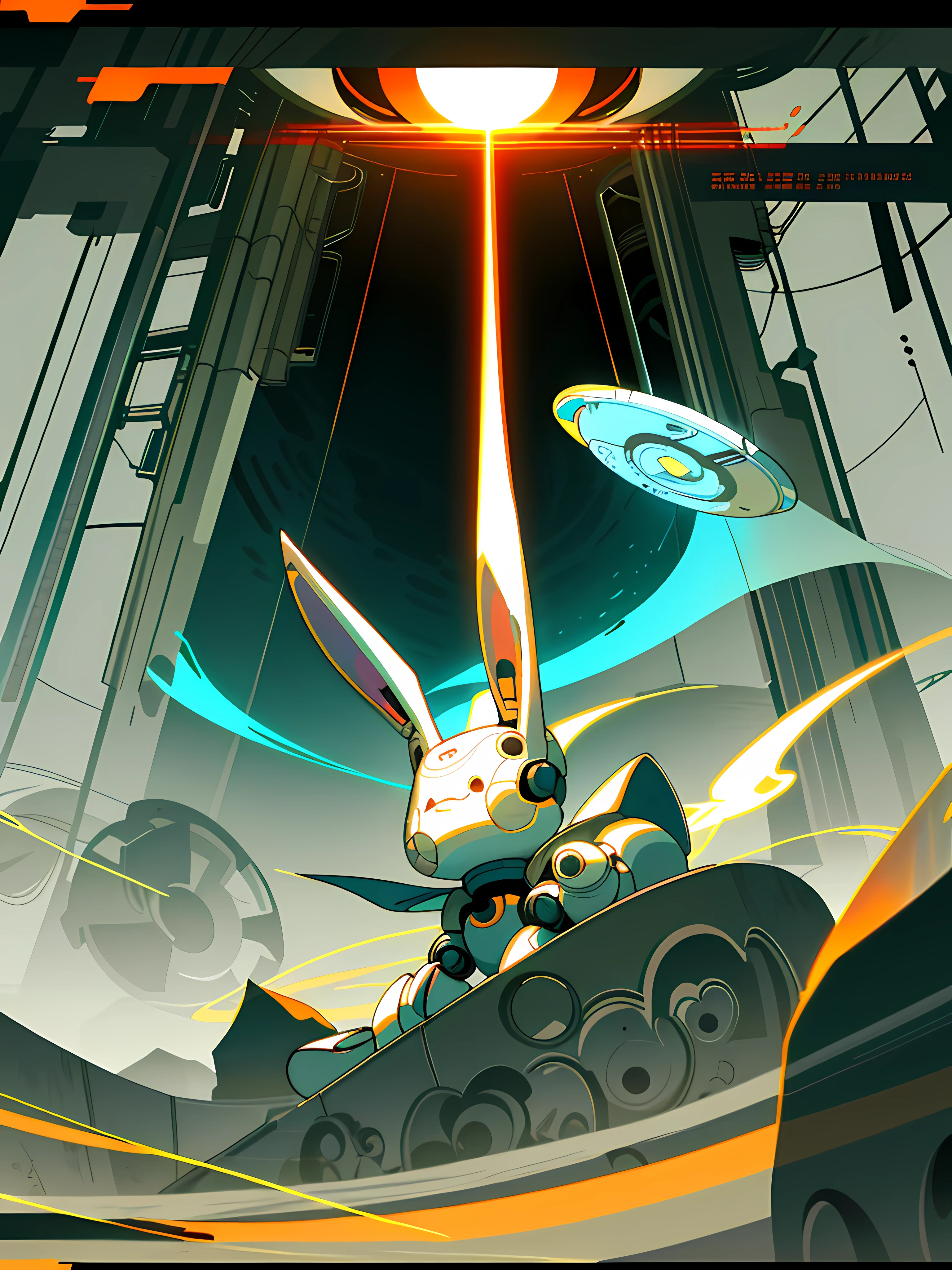 (blame! style abandoned tech landscape), (Zen, Amy Sol style), (like a tunnel that you follow to a tunnel of its own down a hollow in a cavern where the sun has never shone), (underground, dark, foggy, perilous, cybernetic city spaceport), (abstract anthro rabbit figure wearing bunny ears), cover art with light abstraction, abstract, simple vector art, contemporary Cybernetic art, color gradients, soft color palettes, layered forms, whimsical animation, style Ethereal abstract, 4K, --v6