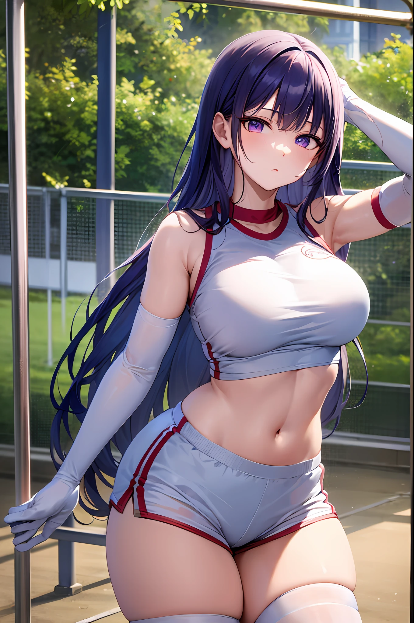 masterpiece, best quality, highres, raiden shogun, long hair, symbol-shaped pupils, +_+, large breasts, gym uniform, white shirt, sleeveless, white gloves, elbow gloves, white shorts, gym shorts, short shorts, white thighhighs, outdoor, playground, grass, cowboy shot, standing, leaning forward,