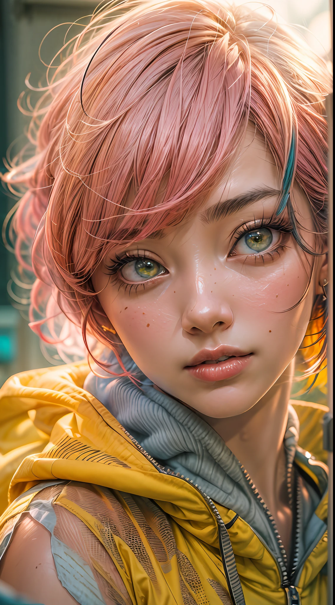 : (best quality, photo-realistic, masterpiece:1.3), a stunning portrait of a Chinese teenage girl with (short vibrant pink hair:1.2), her eyes an intense and mesmerizing shade of (golden yellow:1.2) like honey. Her (smooth and flawless skin:1.2) complements her (perfectly symmetrical face:1.2). She wears a (blue hoodie:1.2), creating a striking contrast against her rosy hair. The scene is set on the glass-paneled balcony of a luxurious and minimalistic apartment, the warm sunlight illuminating her features, giving her an aura of serenity and beauty, Cinematic, Hyper-detailed, insane details, Beautifully color graded, Unreal Engine, DOF, Super-Resolution, Megapixel, Cinematic Lightning, Anti-Aliasing, FKAA, TXAA, RTX, SSAO, Post Processing, Post Production, Tone Mapping, CGI, VFX, SFX, Insanely detailed and intricate, Hyper maximalist, Hyper realistic, Volumetric, Photorealistic, ultra photoreal, ultra-detailed, intricate details, 8K, Super detailed, Full color, Volumetric lightning, HDR, Realistic, Unreal Engine, 16K, Sharp focus, octane render --v testp

Camera Model: Sony Alpha 7R IV

Lens: Sony FE 50mm f/1.8