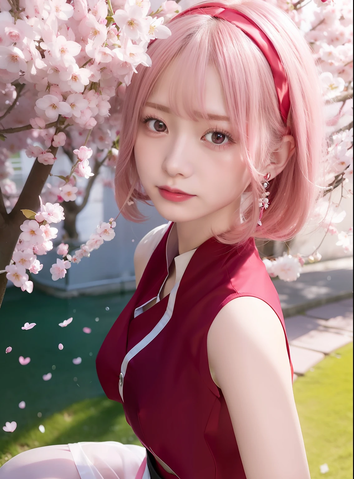 Sakura uchiha. A woman was at the cherry blossom garden. Her pink hair looks soft. Her skin was white and her lips were red. His eyes were green staring softly with a slit of his hair on the right. The clothes. A red one makes her look even more graceful. And those little silver earrings make a really cute impression. Beautiful and so realistic