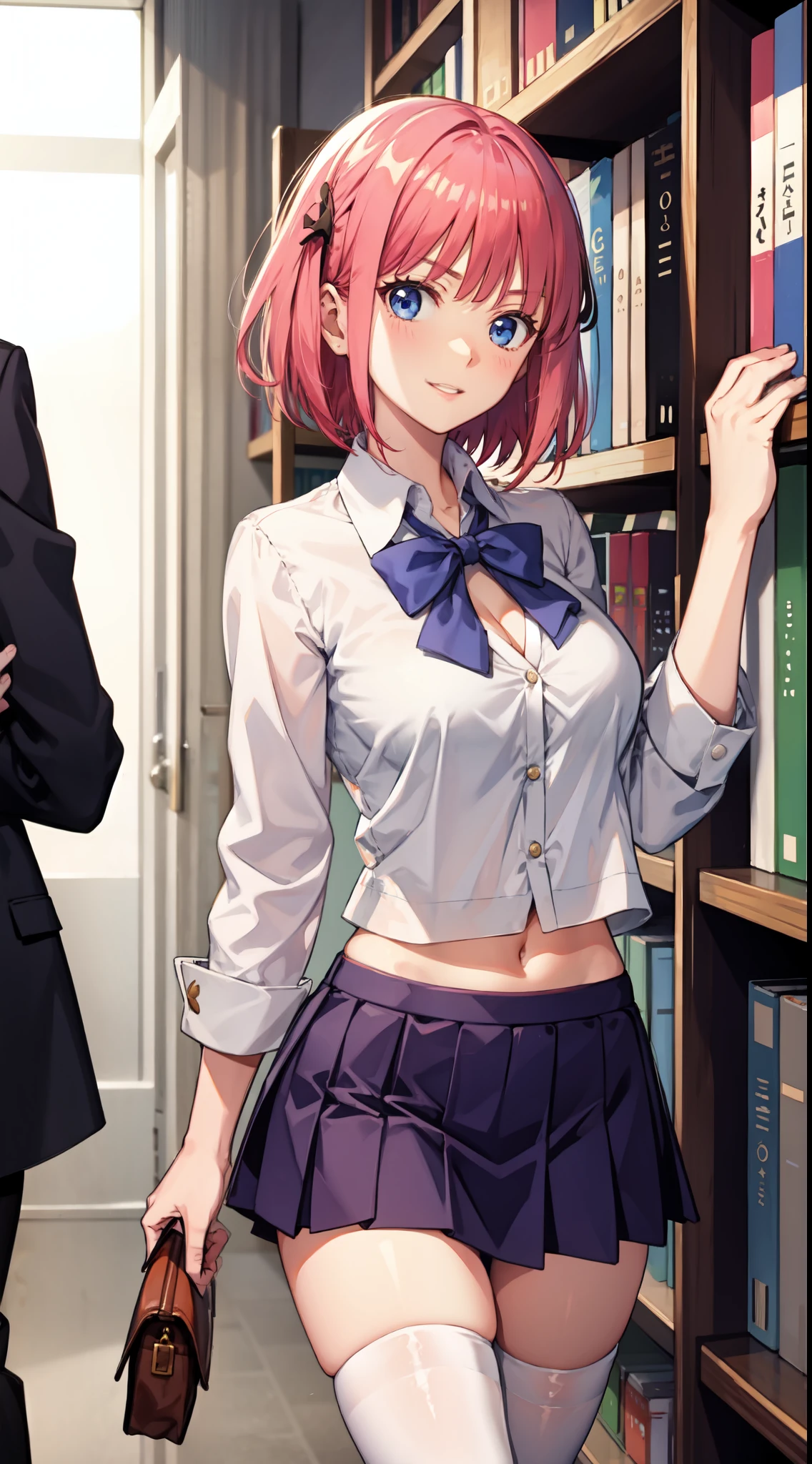 nakano nino, short hair, medium breast, slim legs, happy, cleavage, short skirt, navel, blue eyes, school uniform, thigh high socks, stand, library, pink hair