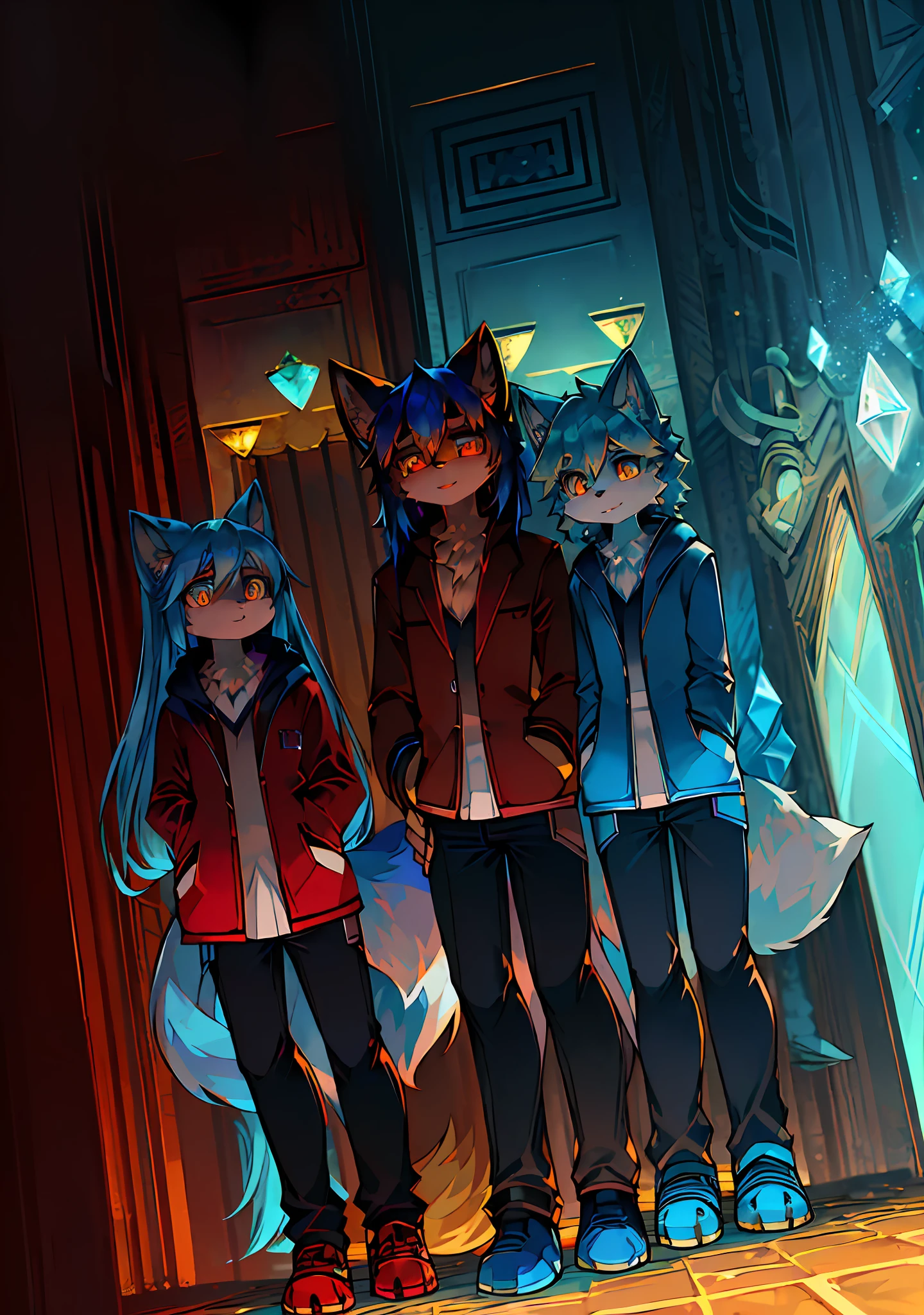 eyes with brightness, in a panoramic view,shaggy, shaggy male, ,(Full Body Furry, Fluffy tail, White and blue fur, Golden eyes, diamond-shaped pupils,(Dark blue hair:1.2), (long canines),red fox,Burgundy trench coat,Tiffany blue sweatshirt,Hands in pockets,black long pants,