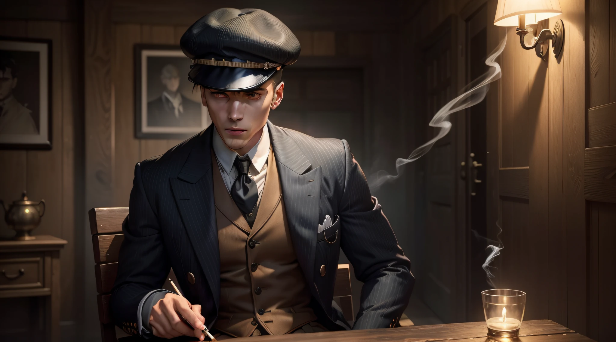 Mens Newsboy Cap Tommy Shelby Peaky Blinders Herringbone Gatsby Baker Boy Hat | eBay interior da cabine, complete with wooden walls adorned with various hunting trophies, Uma grande lareira de pedra domina uma parede, casting shimmering shadows across the room as flames dance inside, Adding texture and depth to the scene. The furniture consists of a sturdy wooden table and benches, some comfortable armchairs upholstered in thick fabric. RUSTIC PAUSE, empoeirado, bem envelhecido, volumeric lighting, confuso. (Boy in uniform smoking a cigarette while sitting in a corner, Art not Guweiz style, Fanart de alta qualidade, Digital anime illustration, cara bonito na arte demon slayer, Estilo Ross Tran, inspirado em Yanjun Cheng, fanart detalhado, retrato de alta qualidade, pintado em anime painter studio | |, Commission for High Res, Nice anime pose, Inspirado em Jeonseok Lee)