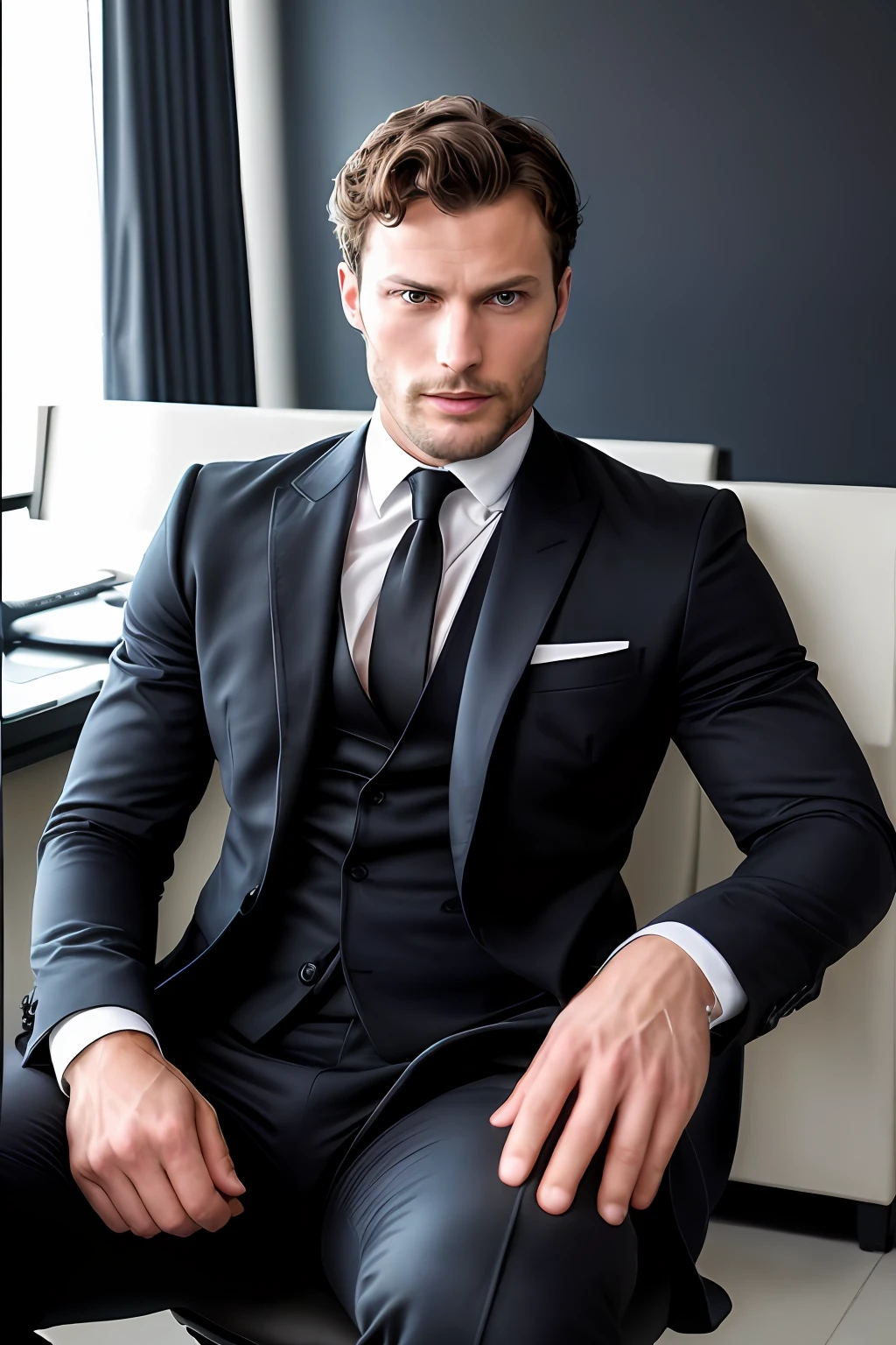 ((half body)) Photo RAW Ceo man sitting in an office chair, wearing black suit, (Using dark beard) movie scene, (Impeccable) ,Serious and elegant man, Actor Jamie Dornan, with thick male eyebrows, secret agent 007 man style, (with mysterious and serious face,) short dark hair, dark black background image,elegant and elegant, Man similar to actor Jamie Dornan, ( high quality and realistic image), ((Best Quality, 8k, Masterpiece).