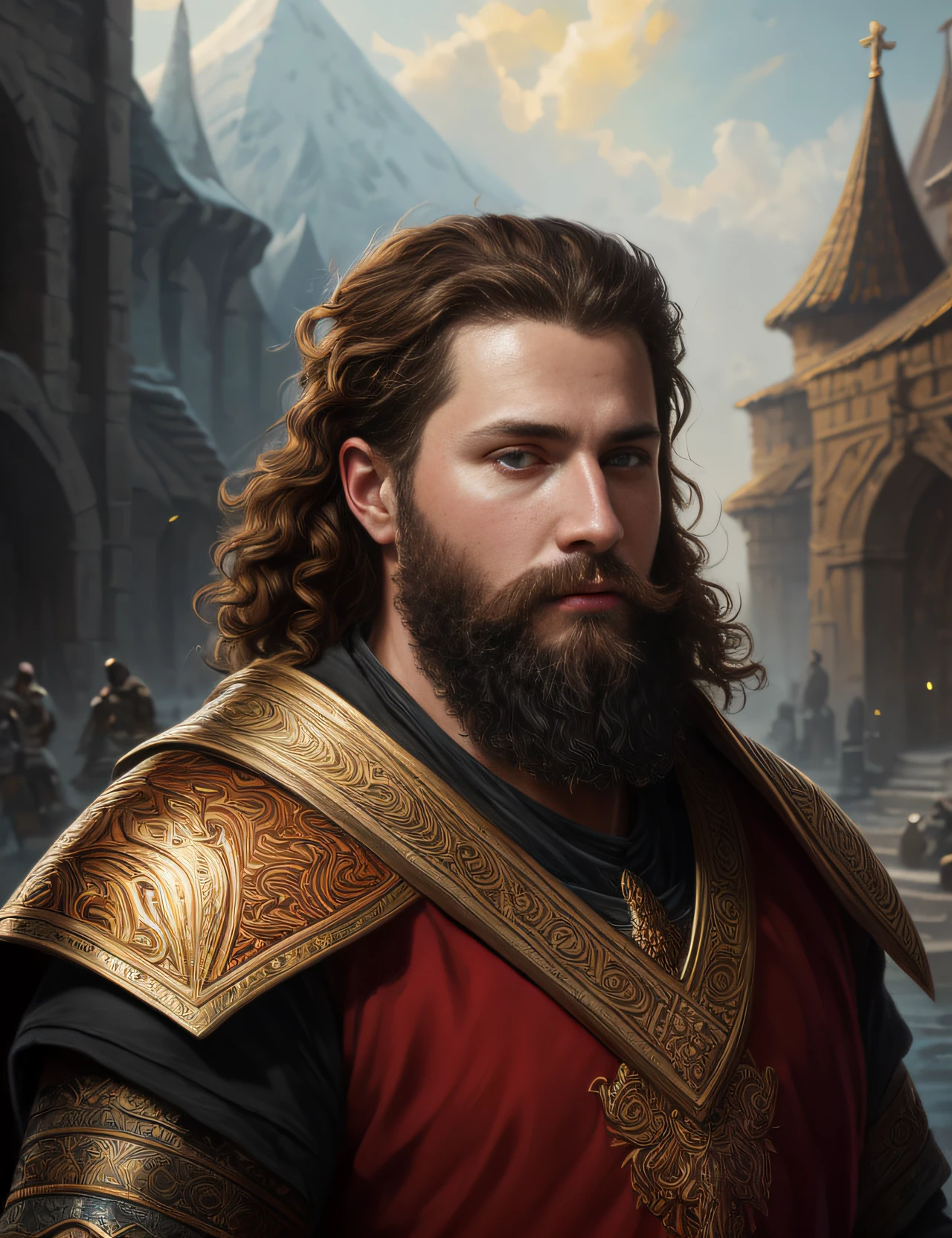 Portrait of the Great Kievan Prince Vladimir, the baptizer of Rus, a very handsome man, 40 years old, dark red curly hair, gray eyes, a nose with a bump, an elongated chin, dressed in ancient national, by Dudchenko,
8k resolution concept art, dynamic lighting hyperdetailed intricately detailed Splash art trending on Artstation triadic colors Unreal Engine 5 volumetric lighting, oil painting, heavy strokes