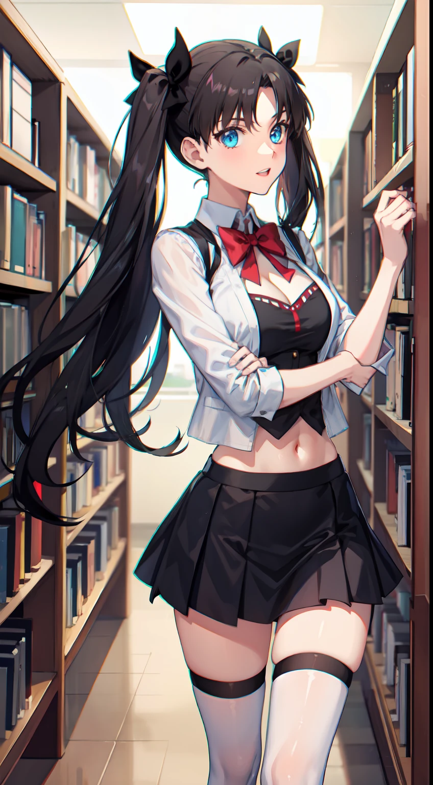 long hair, black hair, medium breast, slim legs, happy, cleavage, short skirt, rin tohsaka, twin tail, navel, blue eyes, school uniform, thigh high socks, standing, library