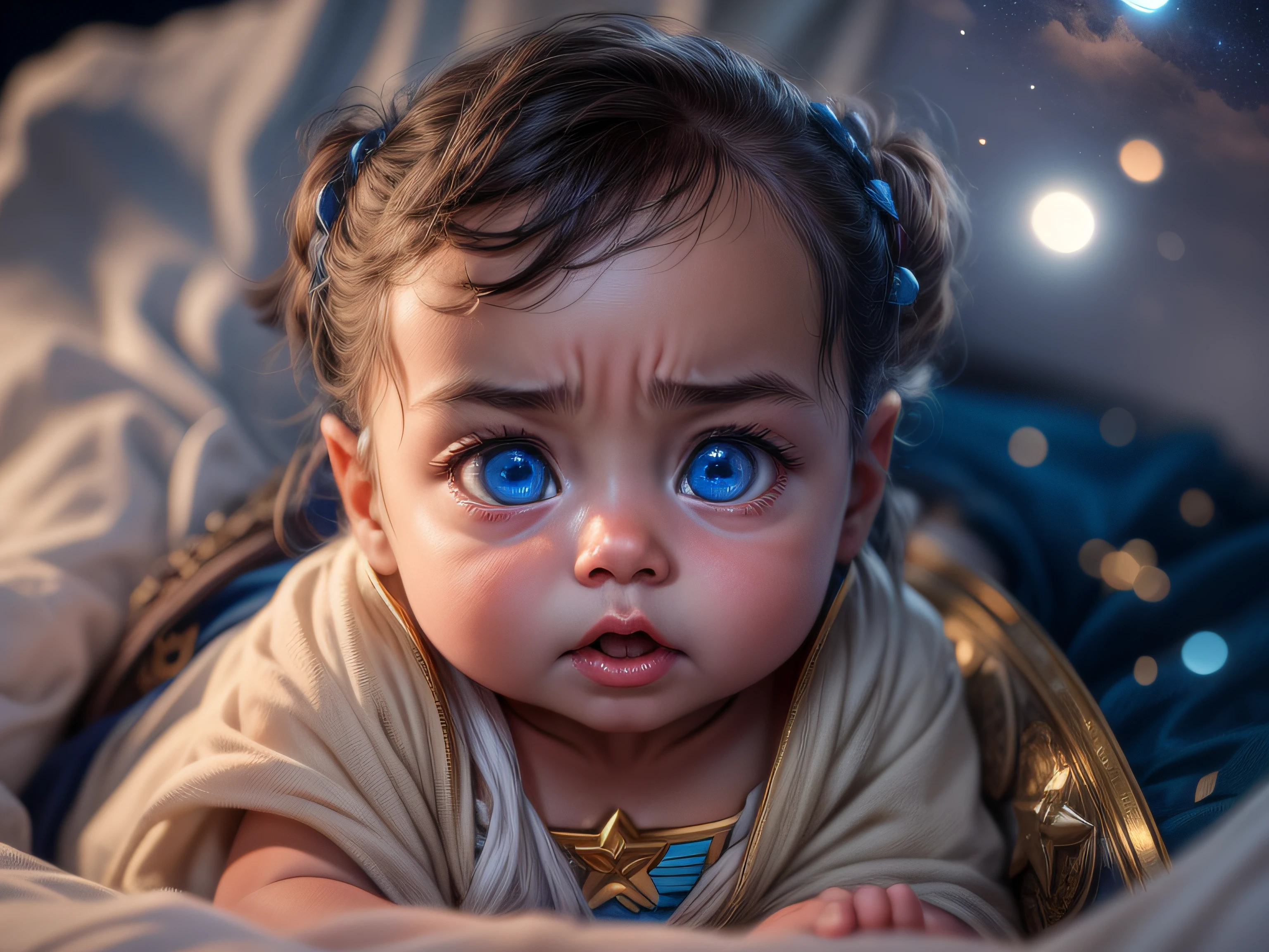 Close a powerful threat, The imposing appearance of the powerful baby-shaped Wonder Woman with gorgeous blue eyes dressed in beige uniform in a manger, menacing stare, ricamente detalhado, Hiper realista, 3D-rendering, obra-prima, NVIDIA, RTX, ray-traced, Bokeh, Night sky with a huge and beautiful full moon, estrelas brilhando, 8k,