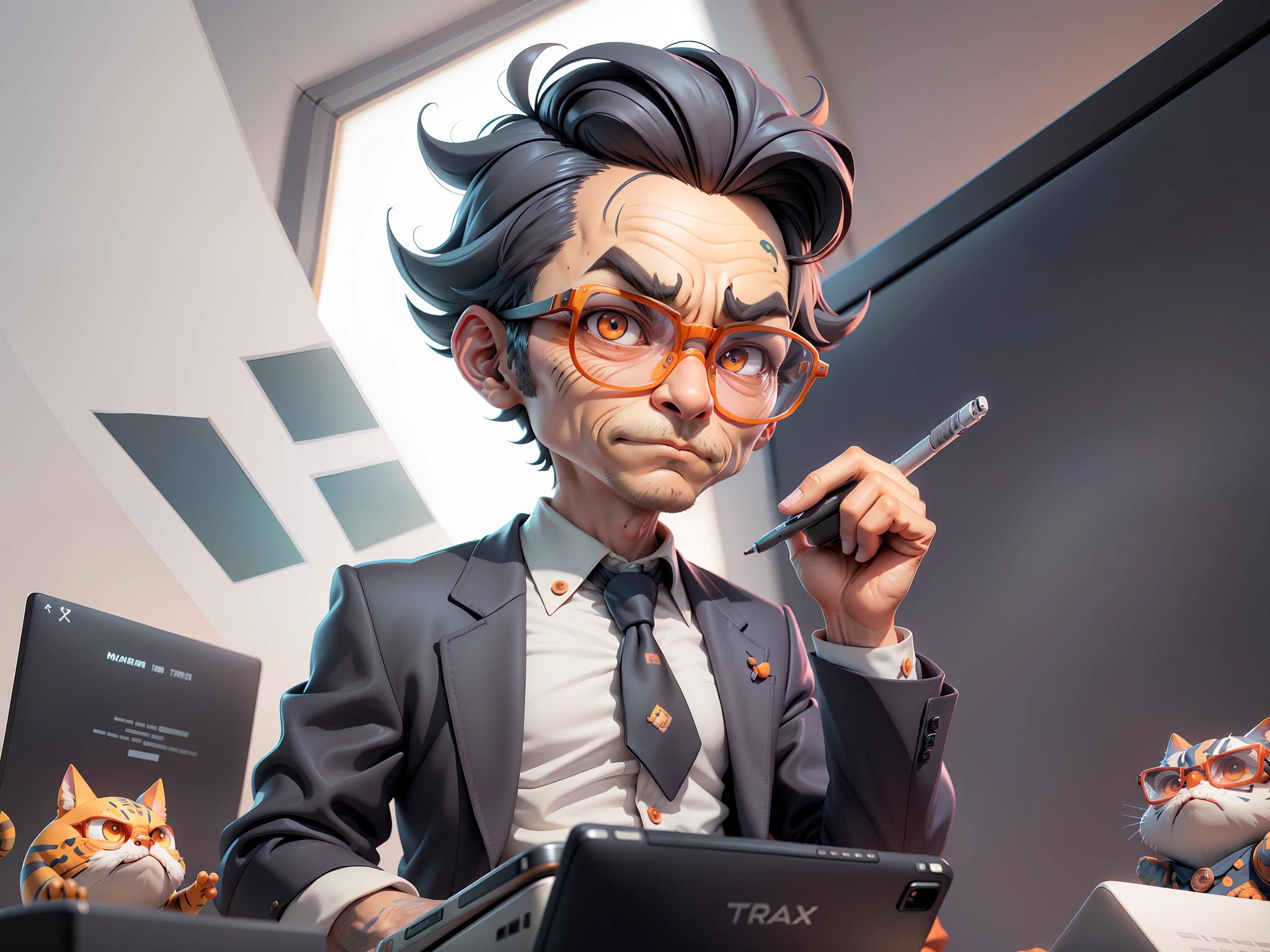 A young man in a suit, Short hair and glasses sat at his desk,holding laptop,digitial painting,tigre,3D character design by Mark Clairen and Pixar and Hayao Miyazaki and Akira Toriyama,4K HD illustration,Very detailed facial features and cartoon-style visuals。
