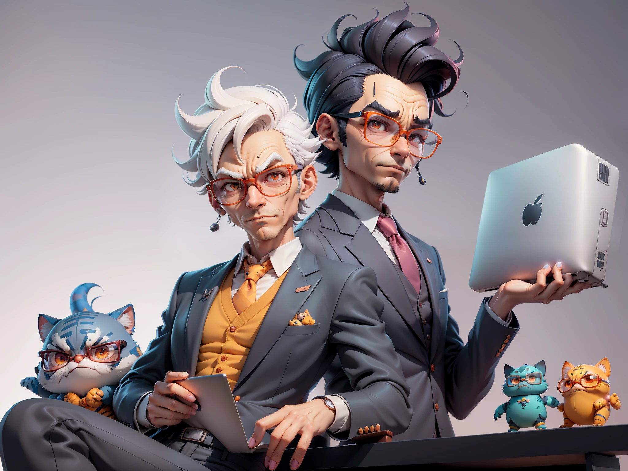 A young man in a suit, Short hair and glasses sat at his desk,holding laptop,digitial painting,tigre,3D character design by Mark Clairen and Pixar and Hayao Miyazaki and Akira Toriyama,4K HD illustration,Very detailed facial features and cartoon-style visuals。