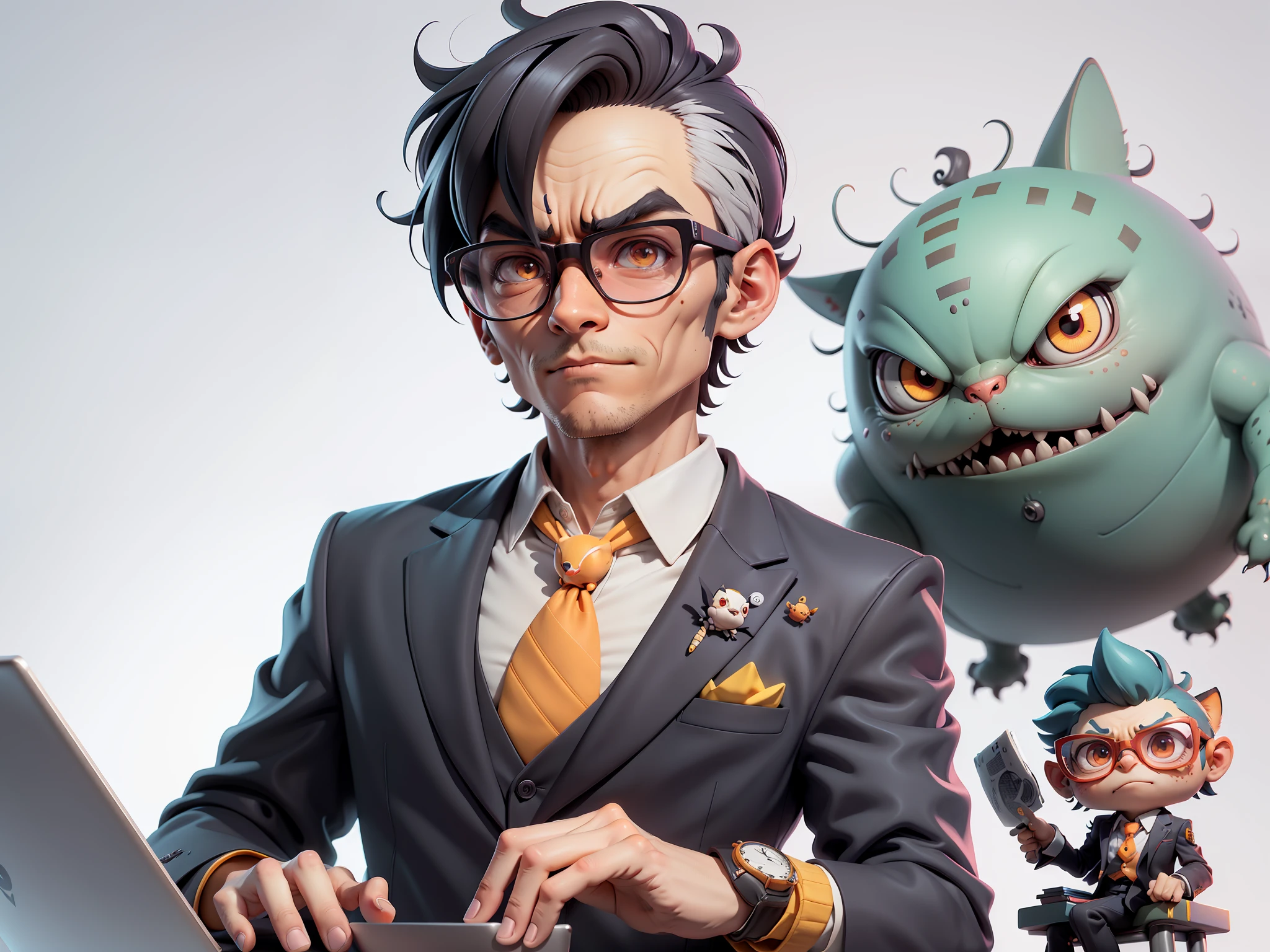 A young man in a suit, Short hair and glasses sat at his desk,holding laptop,digitial painting,tigre,3D character design by Mark Clairen and Pixar and Hayao Miyazaki and Akira Toriyama,4K HD illustration,Very detailed facial features and cartoon-style visuals。