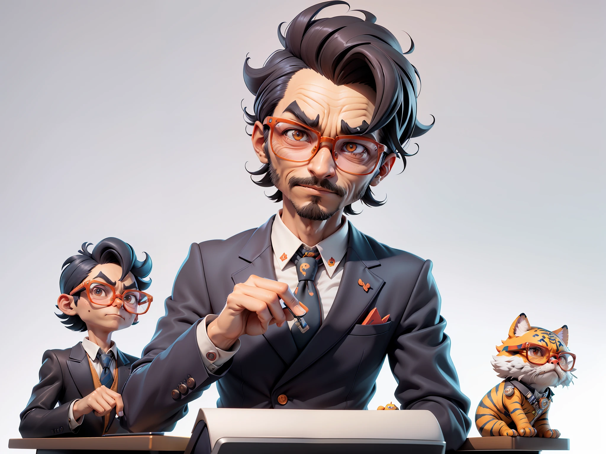 A young man in a suit, Short hair and glasses sat at his desk,holding laptop,digitial painting,tigre,3D character design by Mark Clairen and Pixar and Hayao Miyazaki and Akira Toriyama,4K HD illustration,Very detailed facial features and cartoon-style visuals。