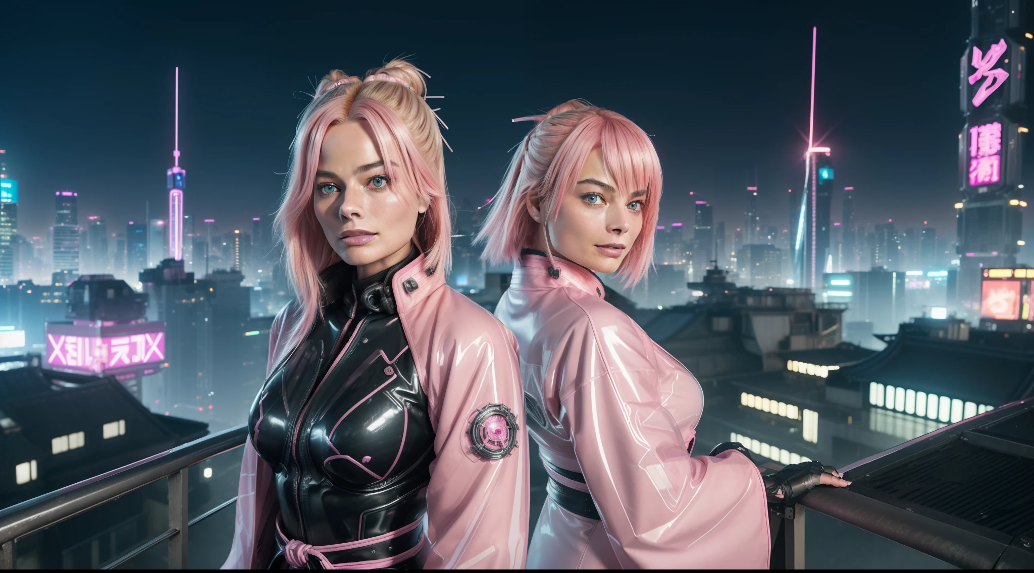 (8k, ARTISTIC photography, best quality, masterpiece: 1.2), (realistic, photorealistic: 1.37), over-detailed, (high-detail skin: 1.2), ((Margot Robbie)) 8k uhd, SLR camera, soft lighting, high quality, film grain, Fujifilm XT3, cinematic lighting, photonic display, brightness, physically rendered photo (cyber punk Goddess with a katana,), beautiful face, ((pink hair)), (hacking console) ((evil smile)), over-detailed face, (((big open eyes))), beautiful body, toned body, (( dressed as futuristic samurai, Gortex bomber jacket, ǍCROŇYM)), (((over-detailed women's clothing))), ((( Gore-Tex clothes )), (((latex pink Kimono))), posing, on a roof top overlooking a cyberpunk city (Pink neon lights), Dystopian cityscape (((pure 8K))), (((perfect anatomy))), extremely high-quality graphics, Riddley scott, ghost in the shell, Blade Runner, Denis Villeneuve (((cinematic lighting))), ((clear details)), complex, highly detailed background,