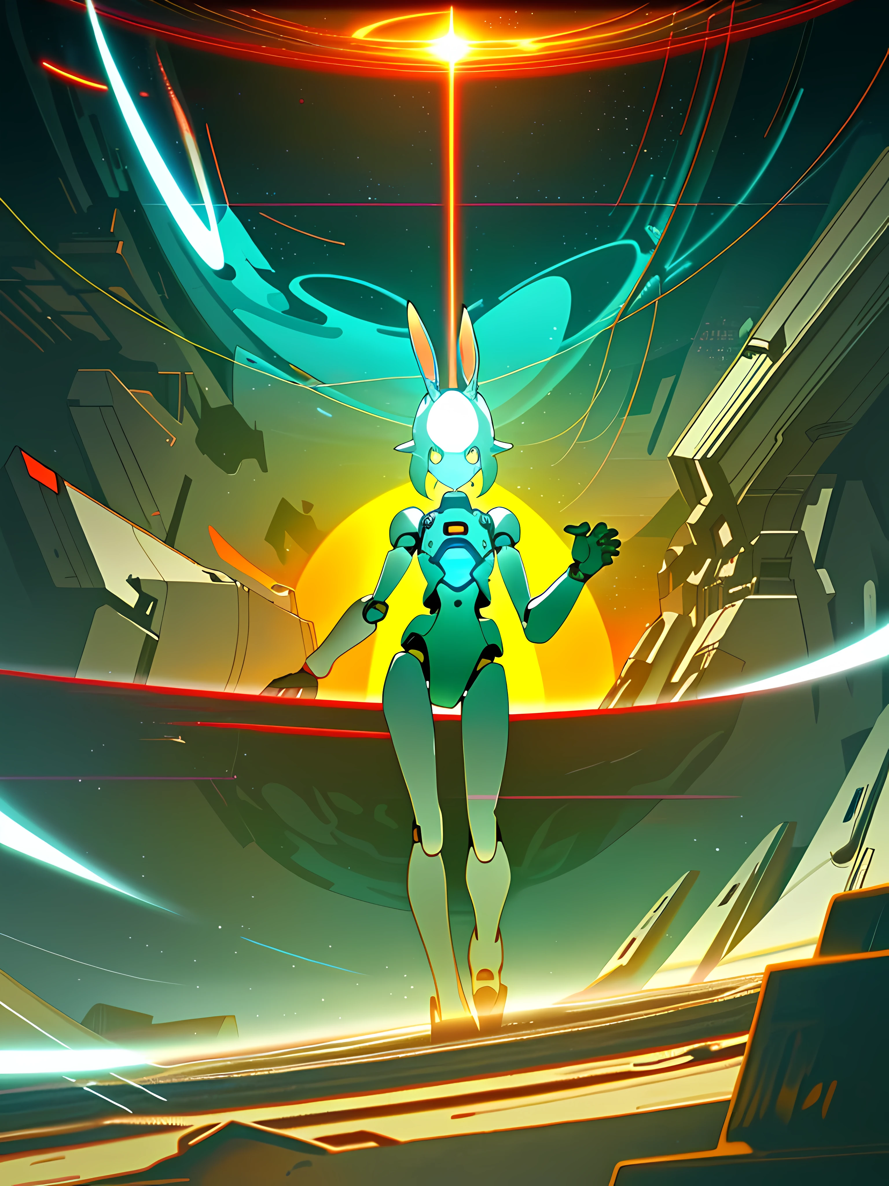 (blame! style abandoned tech landscape), (Zen, Amy Sol style), (like a tunnel that you follow to a tunnel of its own down a hollow in a cavern where the sun has never shone), (underground, dark, foggy, perilous, cybernetic city spaceport), (abstract anthro rabbit figure wearing bunny ears), cover art with light abstraction, abstract, simple vector art, contemporary Cybernetic art, color gradients, soft color palettes, layered forms, whimsical animation, style Ethereal abstract, 4K, --v6