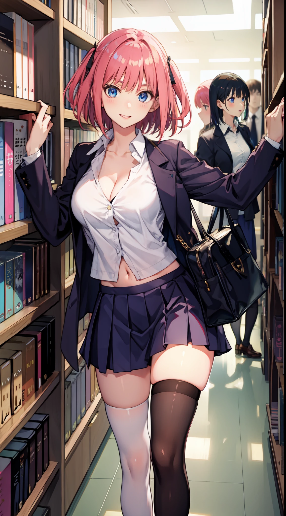 nakano nino, short hair, medium breast, slim legs, happy, cleavage, short skirt, navel, blue eyes, school uniform, thigh high socks, stand, library, pink hair