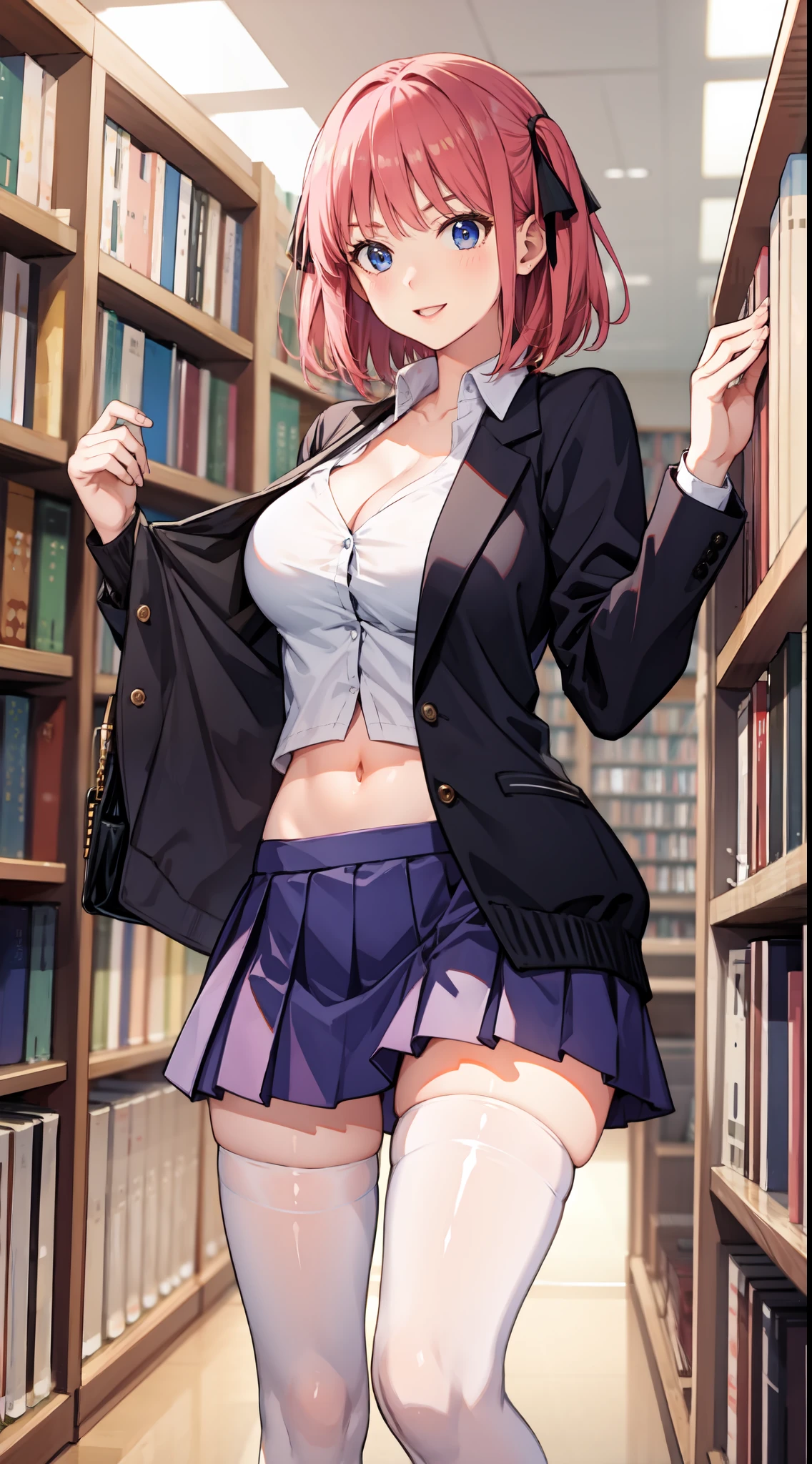 nakano nino, short hair, medium breast, slim legs, happy, cleavage, short skirt, navel, blue eyes, school uniform, thigh high socks, stand, library, pink hair