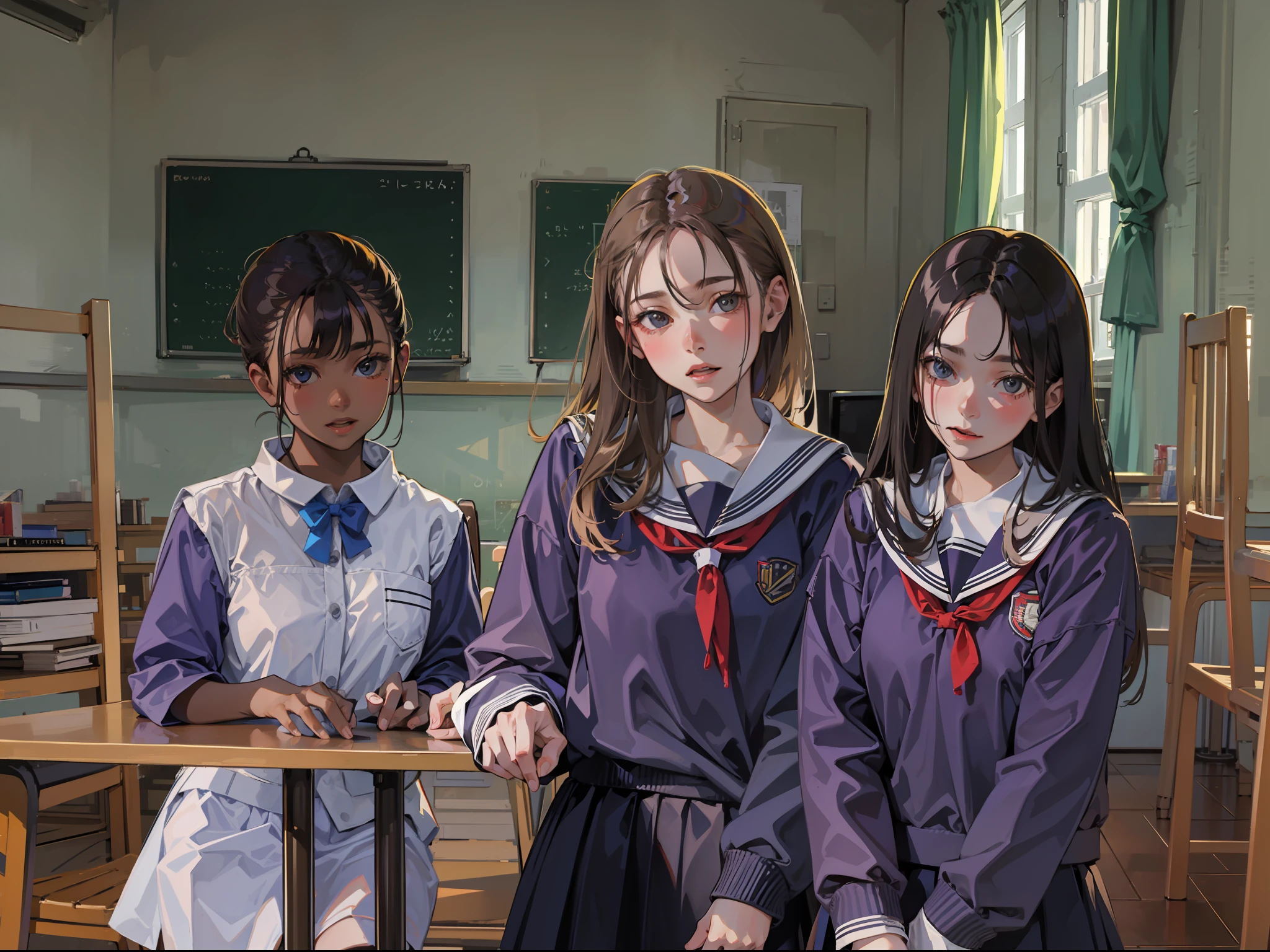 Four girls in a classroom, looking at viewer, school uniform