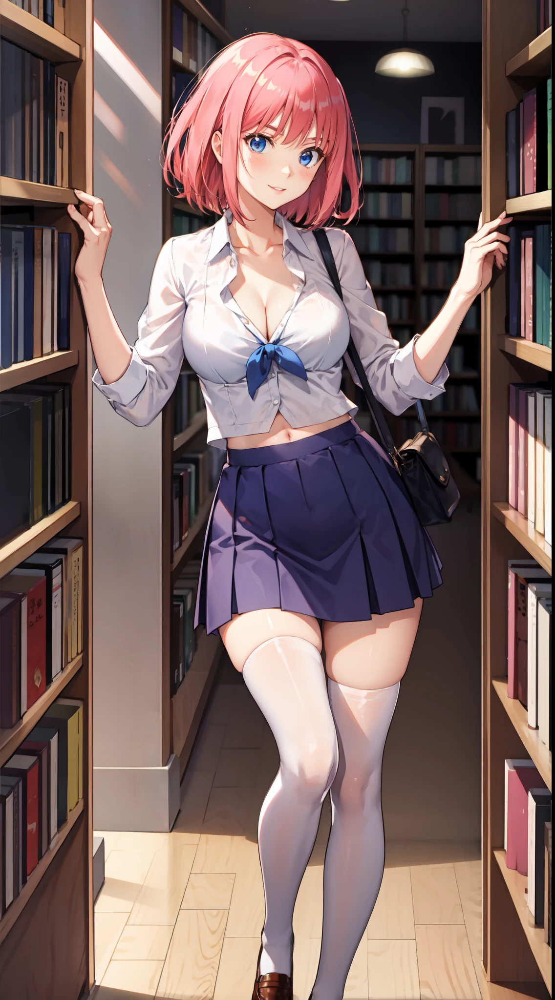 nakano nino, short hair, medium breast, slim legs, happy, cleavage, short skirt, navel, blue eyes, school uniform, thigh high socks, stand, library, pink hair
