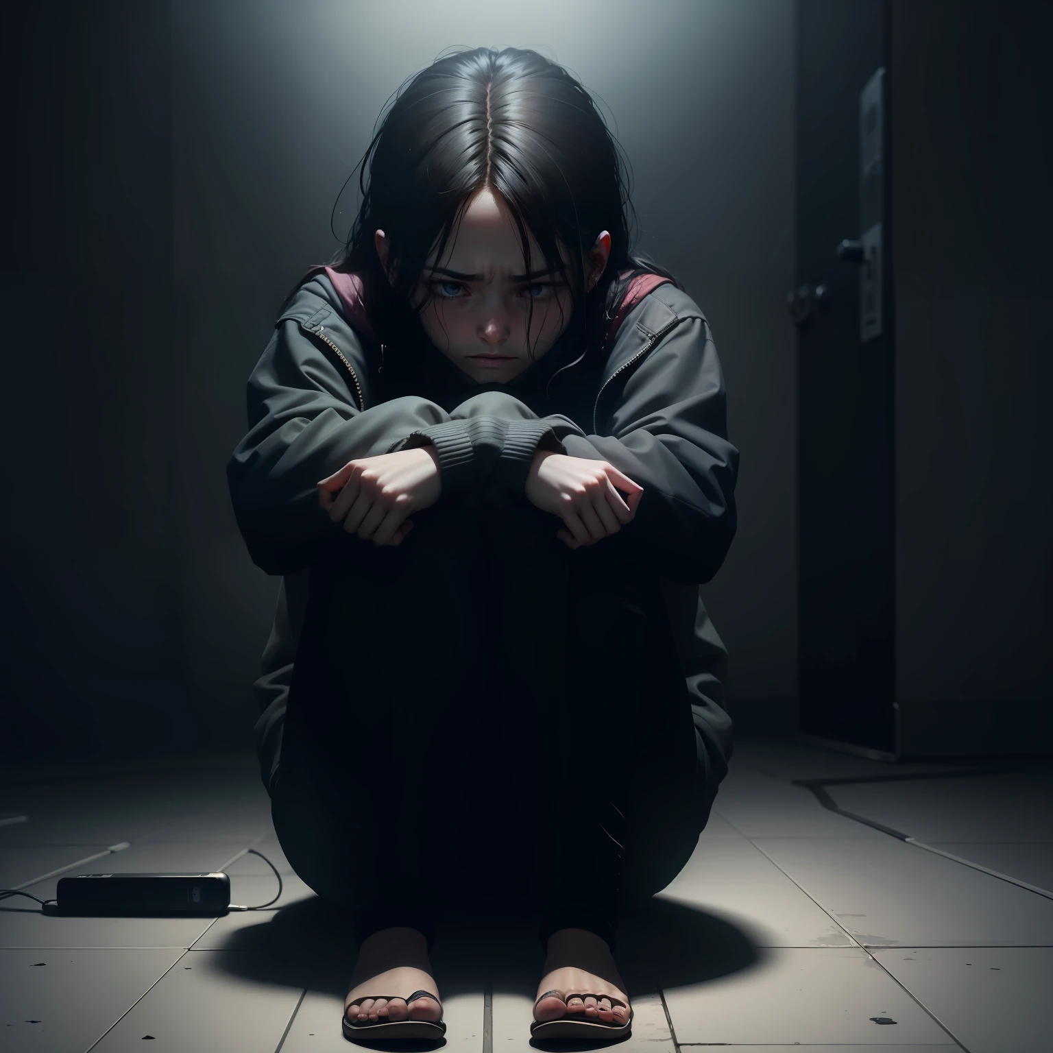 "An artistic image depicting nomophobia, the irrational fear of being without a cellphone. The image shows a person alone in a dark room, with an anxious and distressed expression on their face. The person is sitting on the floor, hugging their knees with one hand while holding a cellphone in the other hand. The cellphone has a black screen, indicating it has no signal or is out of battery. The dark environment around insinuates loneliness and isolation. The body language conveys nervousness and panic at being unreachable through the device. It is an artistic, symbolic representation of cellphone dependence and the fear of disconnection in the digital age. The image is realistic, in vivid colors, with dramatic, intense aesthetics."