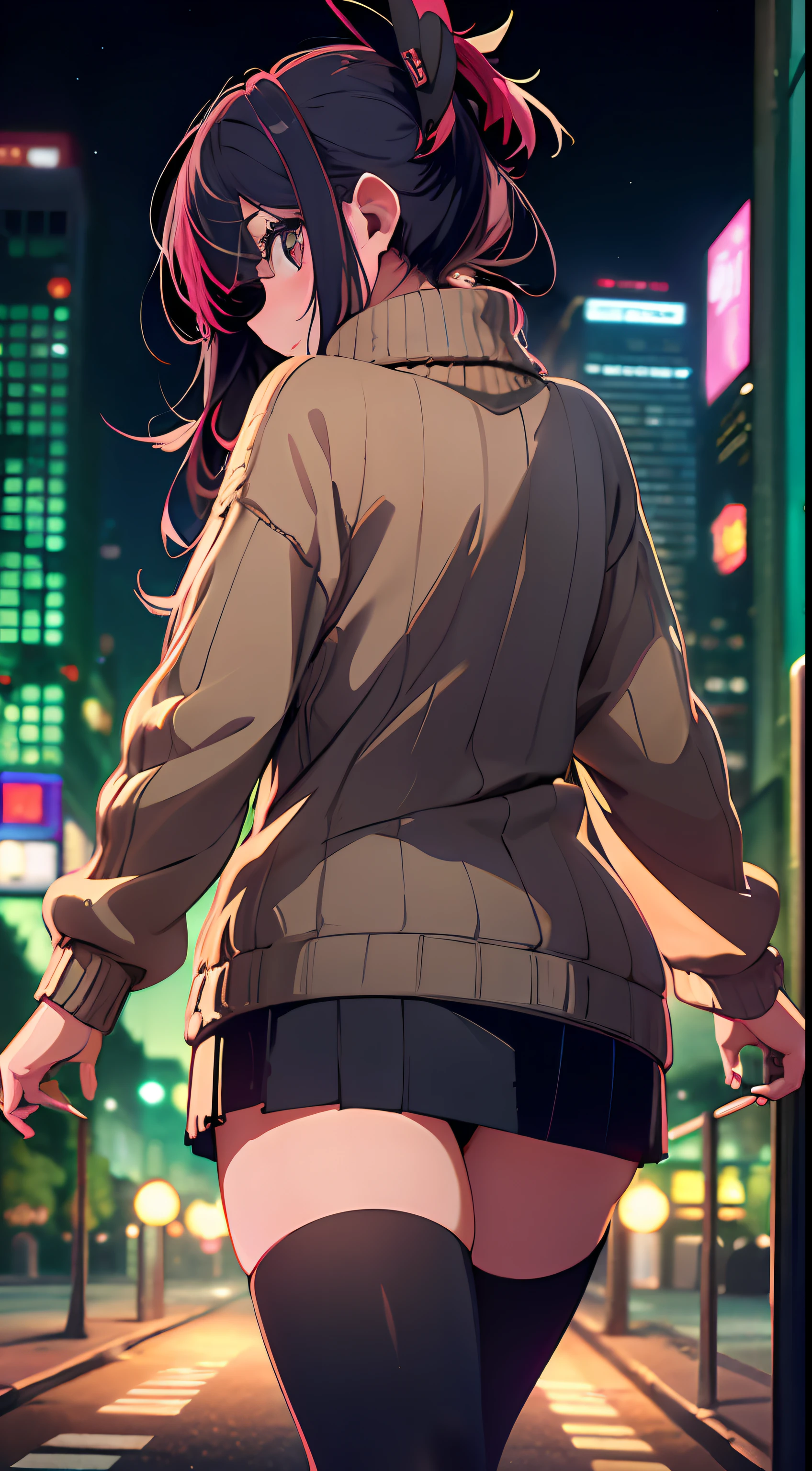 night time, Colorful cyberpunk city background, Sateen, Street, age girl in a comfortable sweater, loliack stockings, back light, looking at the audience, Low-angle lens, Upward-pointing lens, Perfect composition, Perfect light and shadow are gentle, 8K